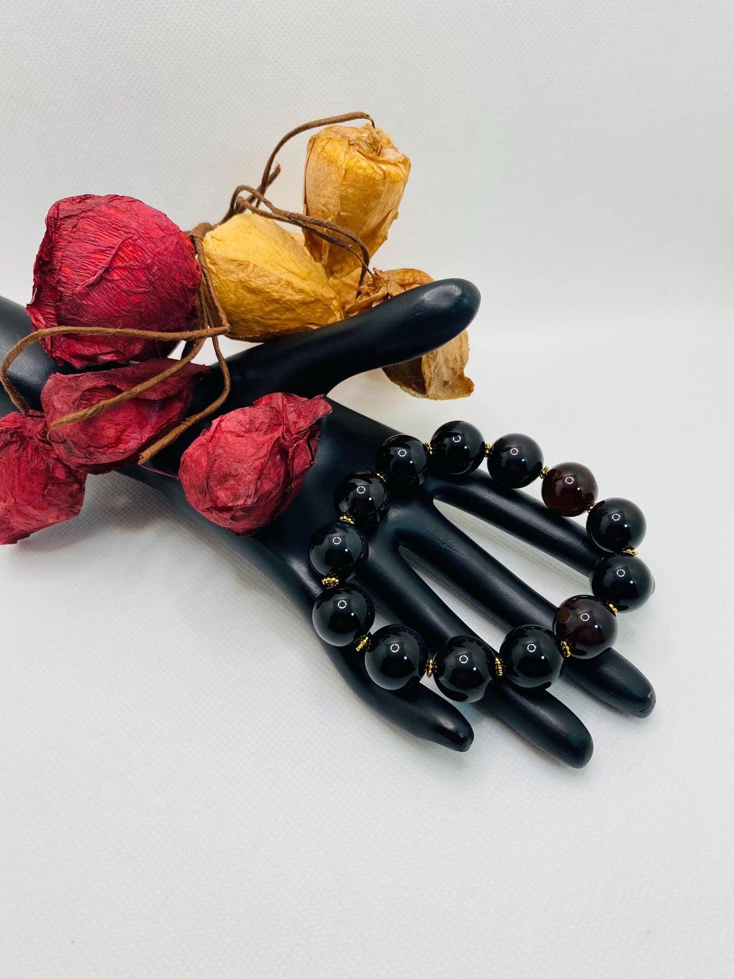 Handmade Obsidian & Agate Gemstone Bracelet with Golden Spacers