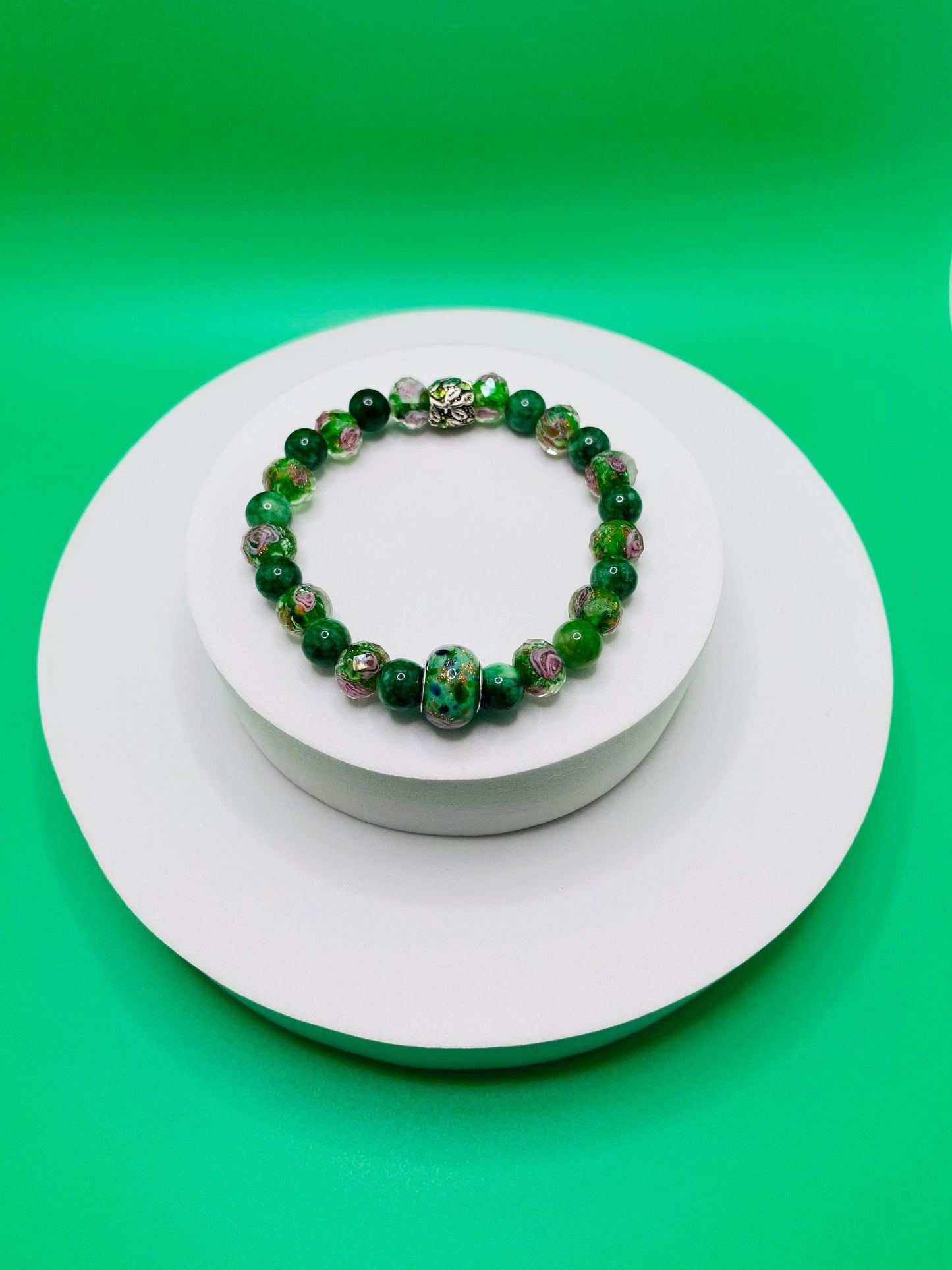 Lampwork Glass & Chalcedony Beaded Bracelet: Handmade Floral Jewelry