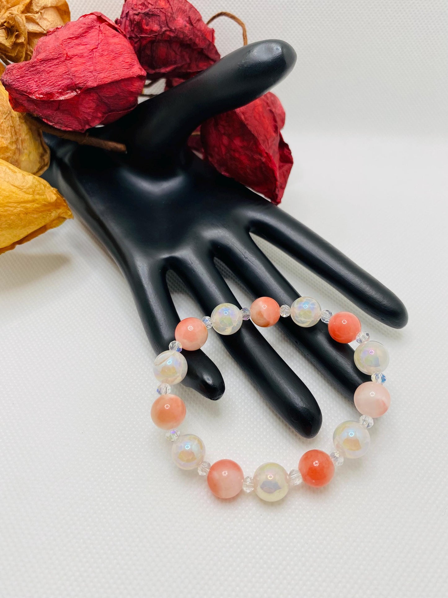 Snow Quartz, Onyx & Persian Pink Gemstone Bracelet