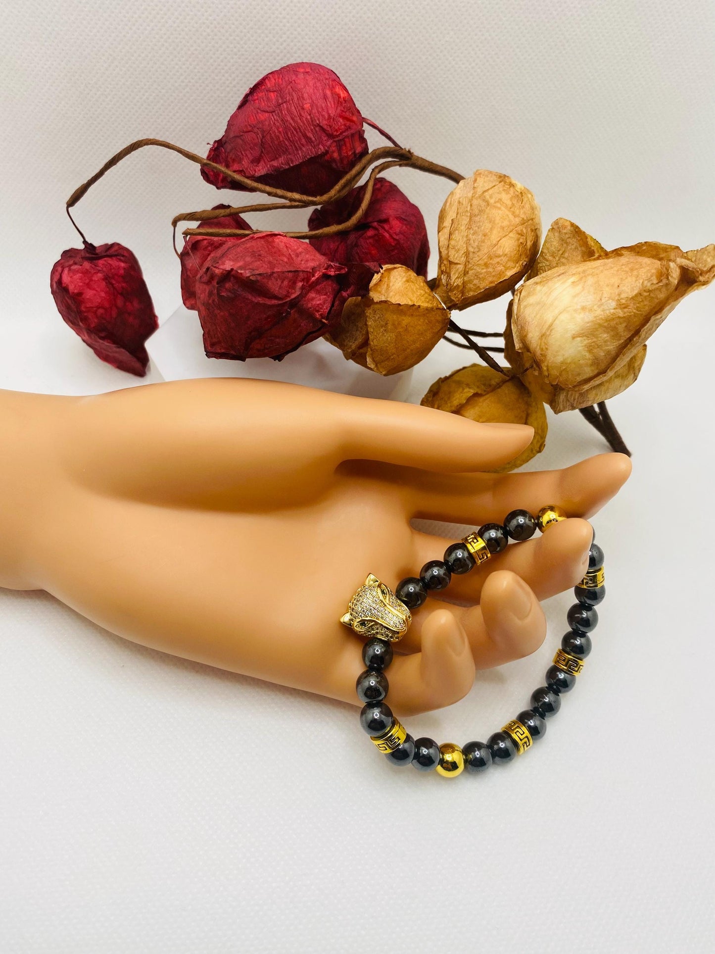 Black Hematite Bracelet: Gold Panther Bead Charm, Unisex Jewelry