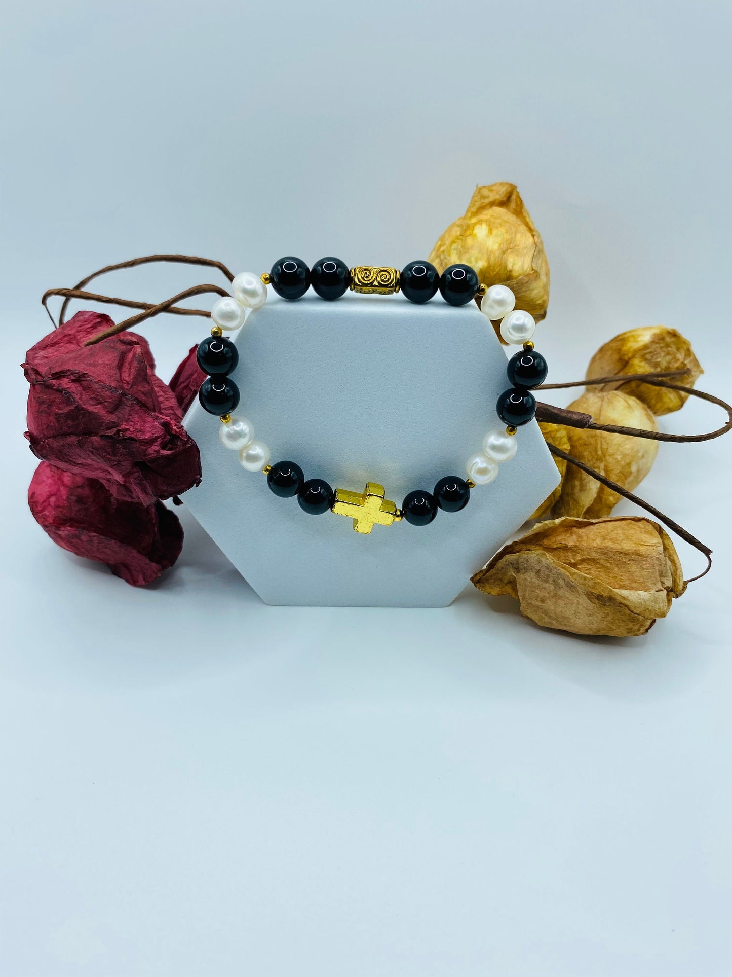 Gold Cross Bracelet: Pearl & Onyx Gemstone Beads, Spiritual Jewelry