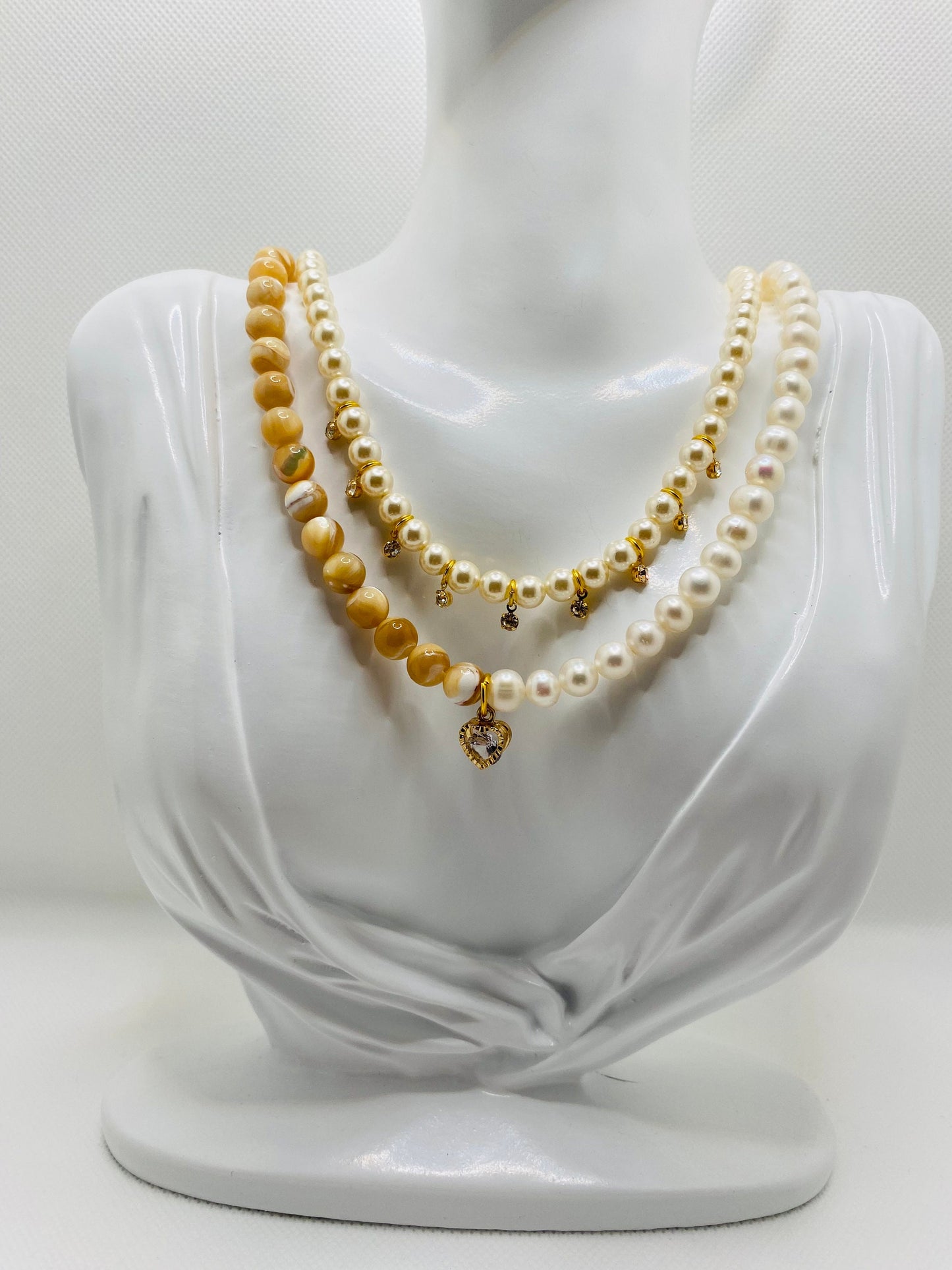 Handmade Mother of Pearl Necklace: Freshwater Pearl & CZ Heart Charm