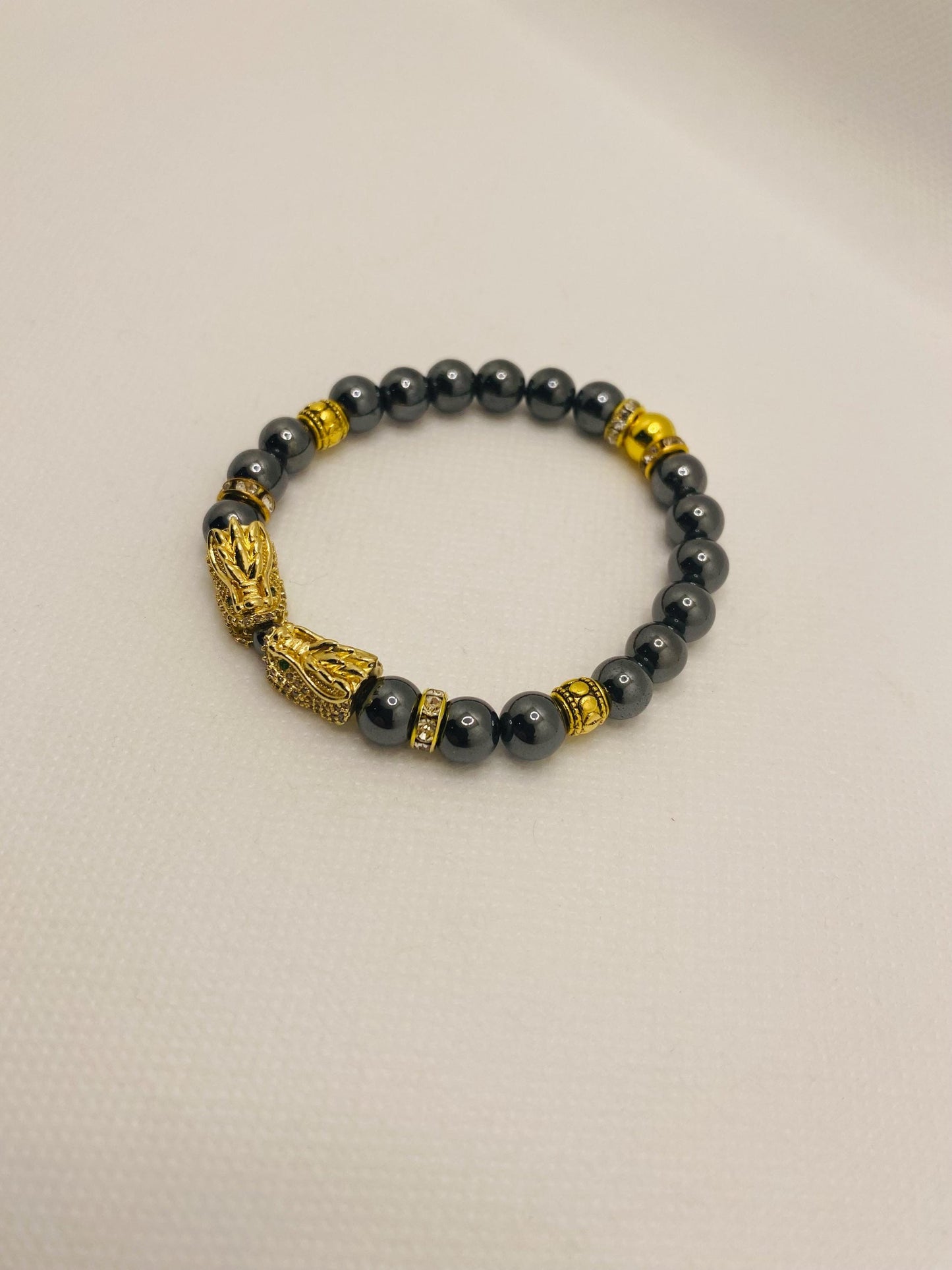 Hematite Dragon Bracelet: Gold Plated Charm, Rhinestone Spacers