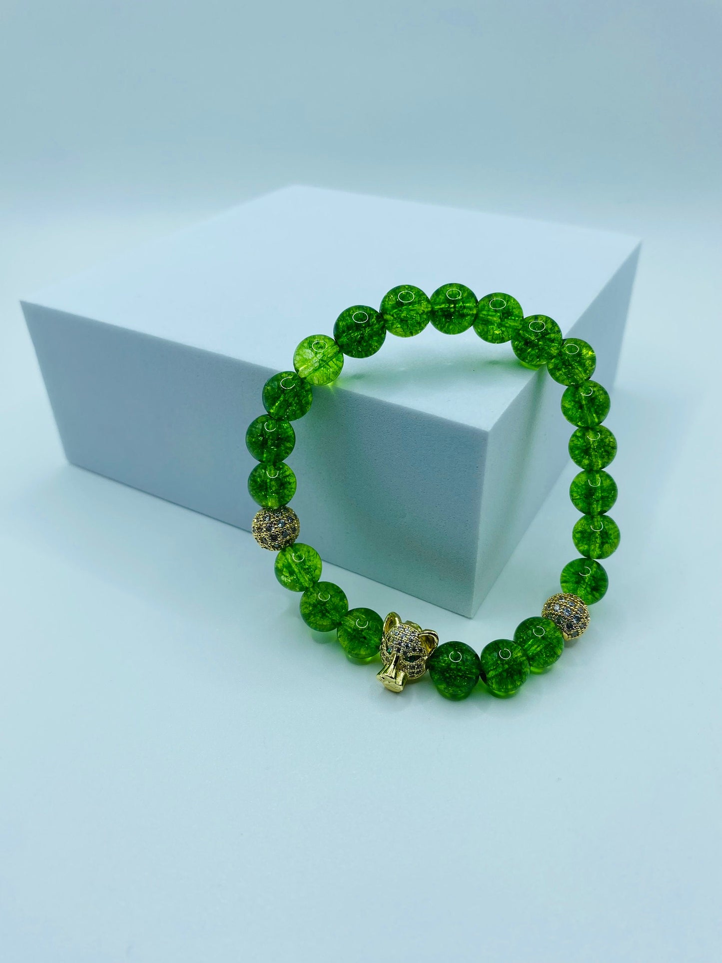 Mens Quartz Crystal Bracelet: Gold Tiger Charm, CZ Beads