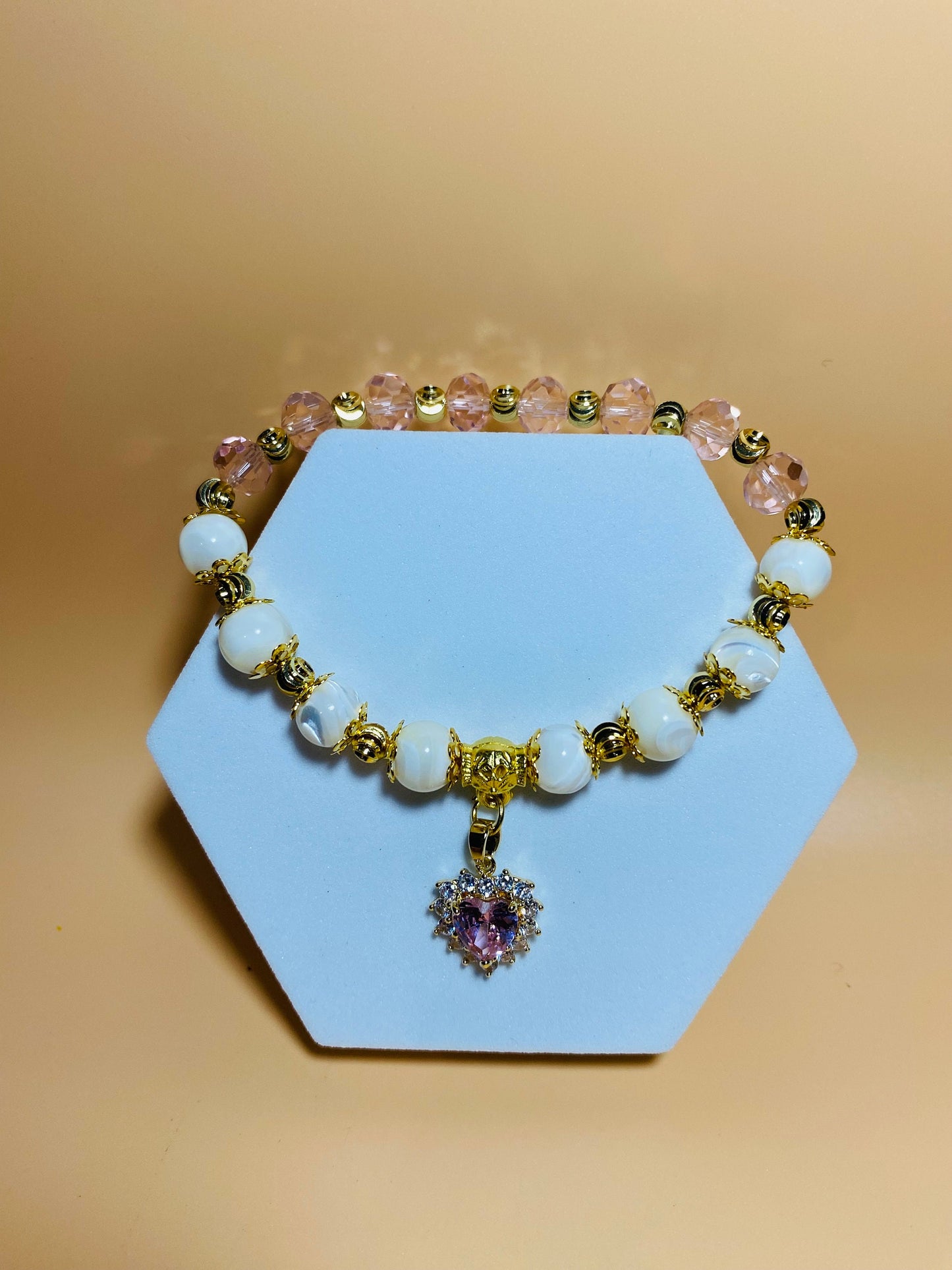 Mother of Pearl Bracelet: Pink Crystal Beads, Heart Charm, 18k Gold Accents