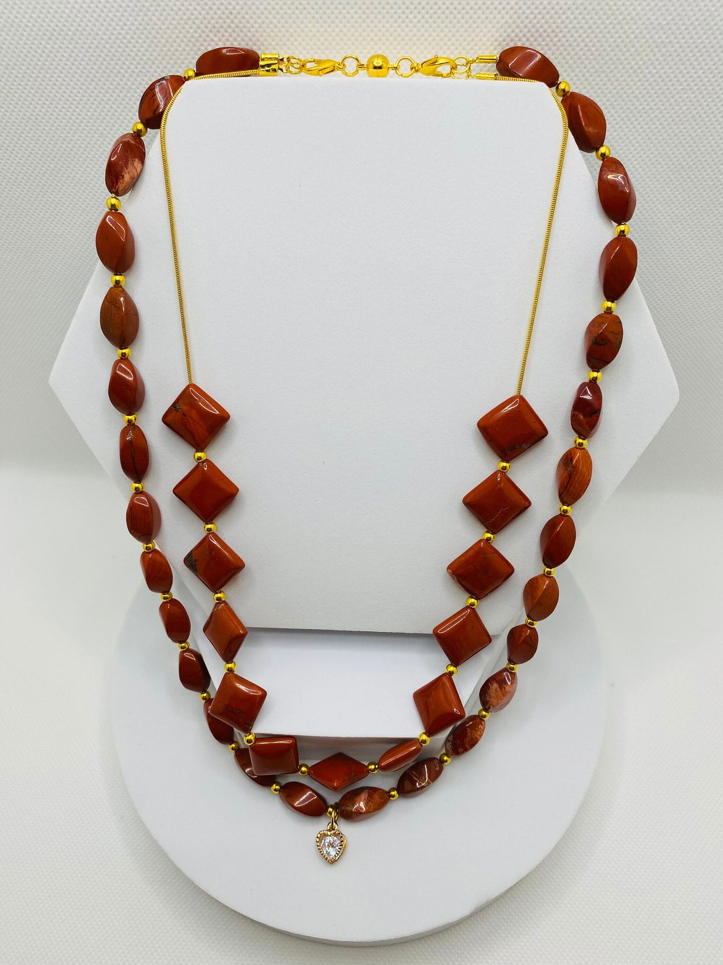 Necklaces for women Handmade Jewelry - Twisted, Diagonal Red Jasper - Gold Jewelry Beads - Heart Necklace