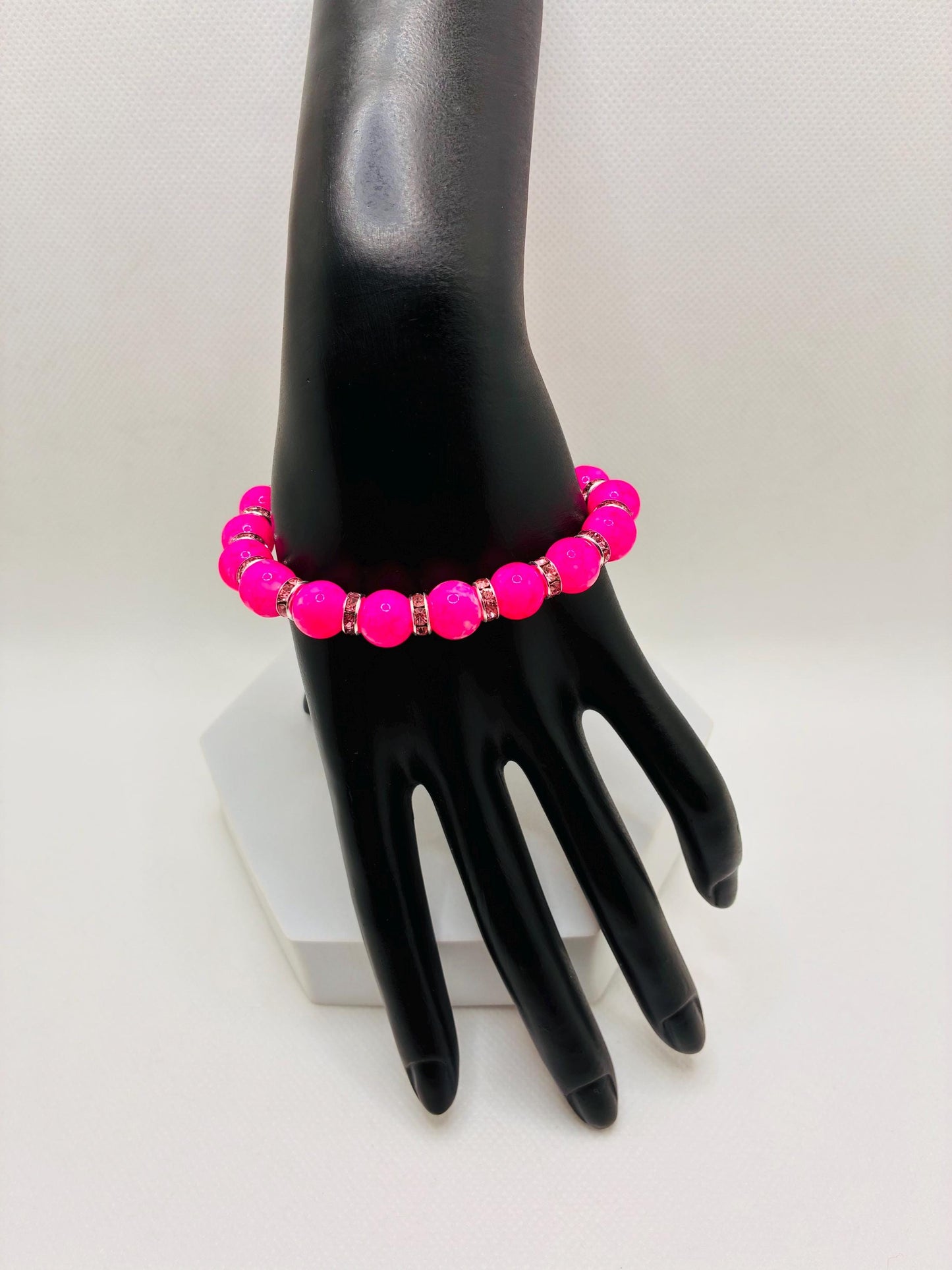 Hot Pink Crystal Glass Bead Bracelet with Silverplated Pink Rhinestone Rondelles