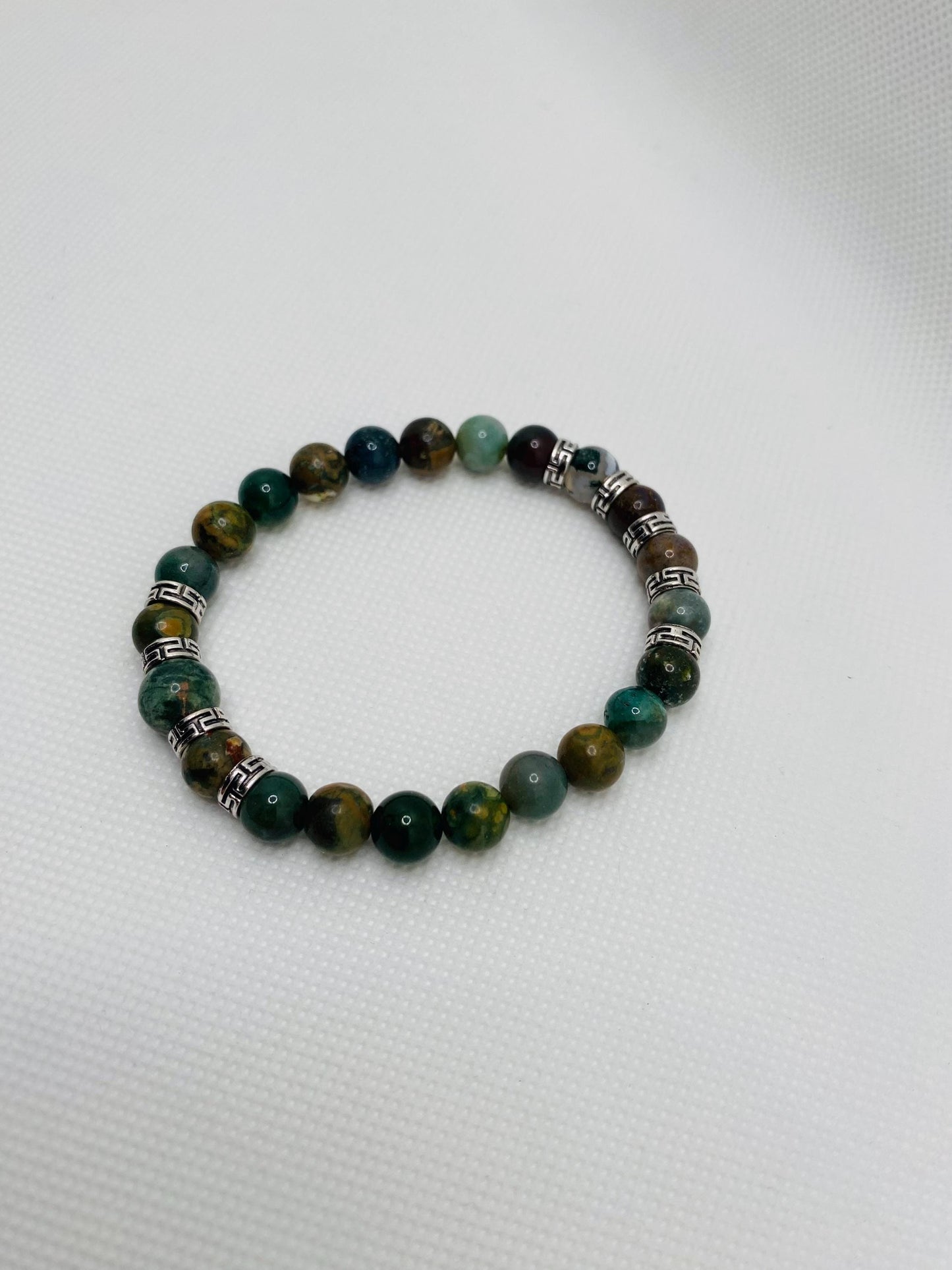 Handmade Indian Moss Agate Bracelet: Tibetan Silver Spacers