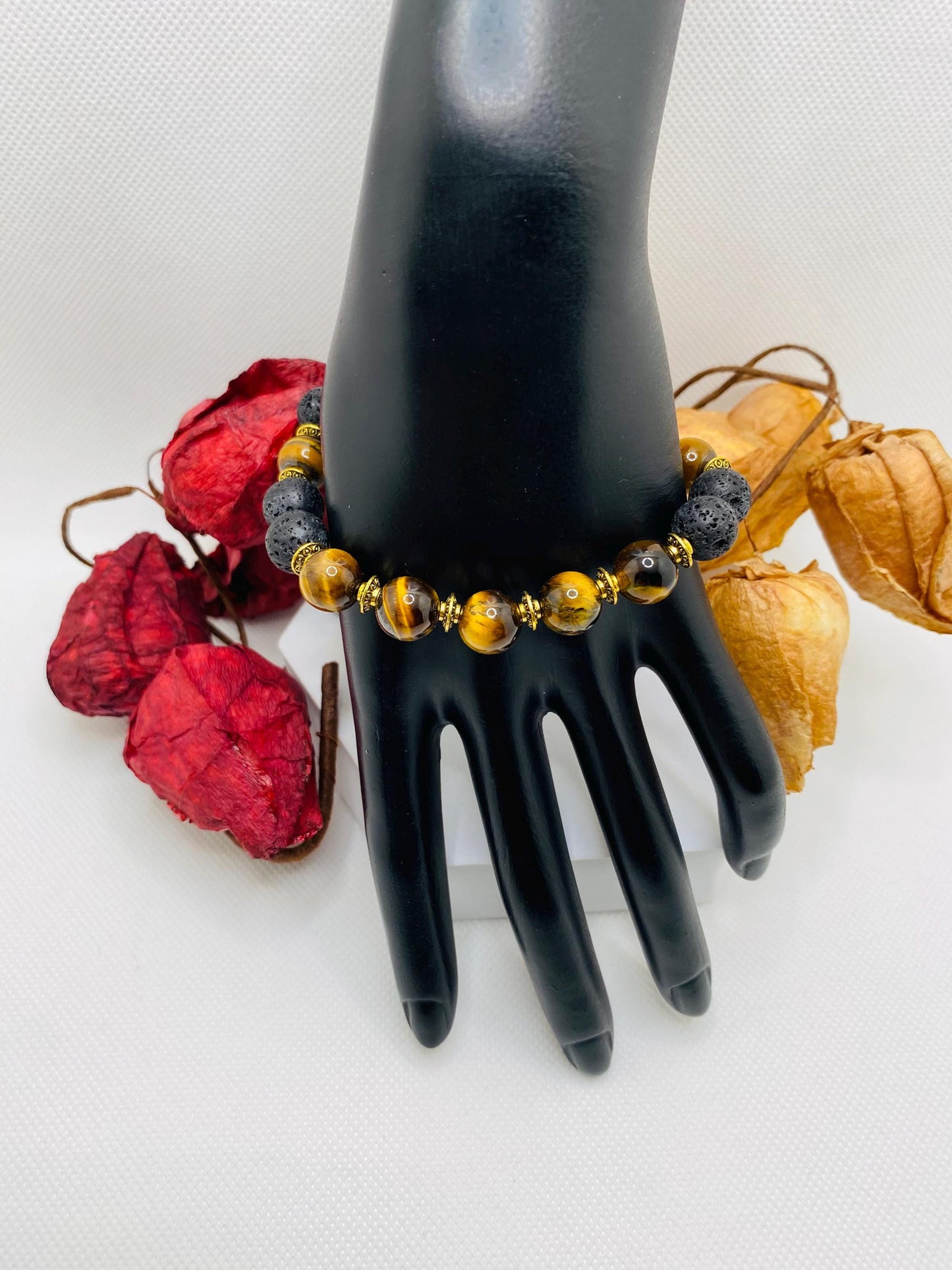 Mens Lava Rock & Tigers Eye Bracelet: Tibetan Gemstone Jewelry