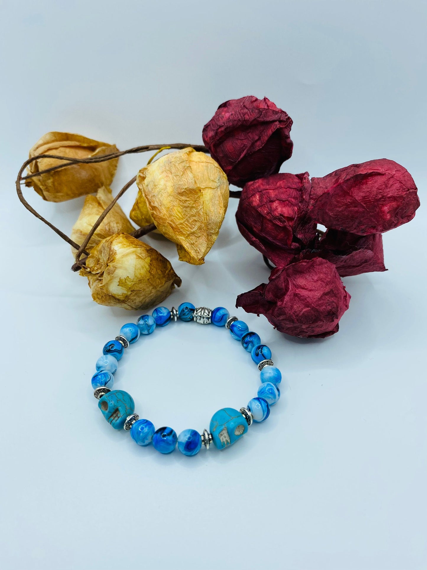 Dia de Los Muertos Bracelet: Turquoise Skull Beads, Halloween Jewelry