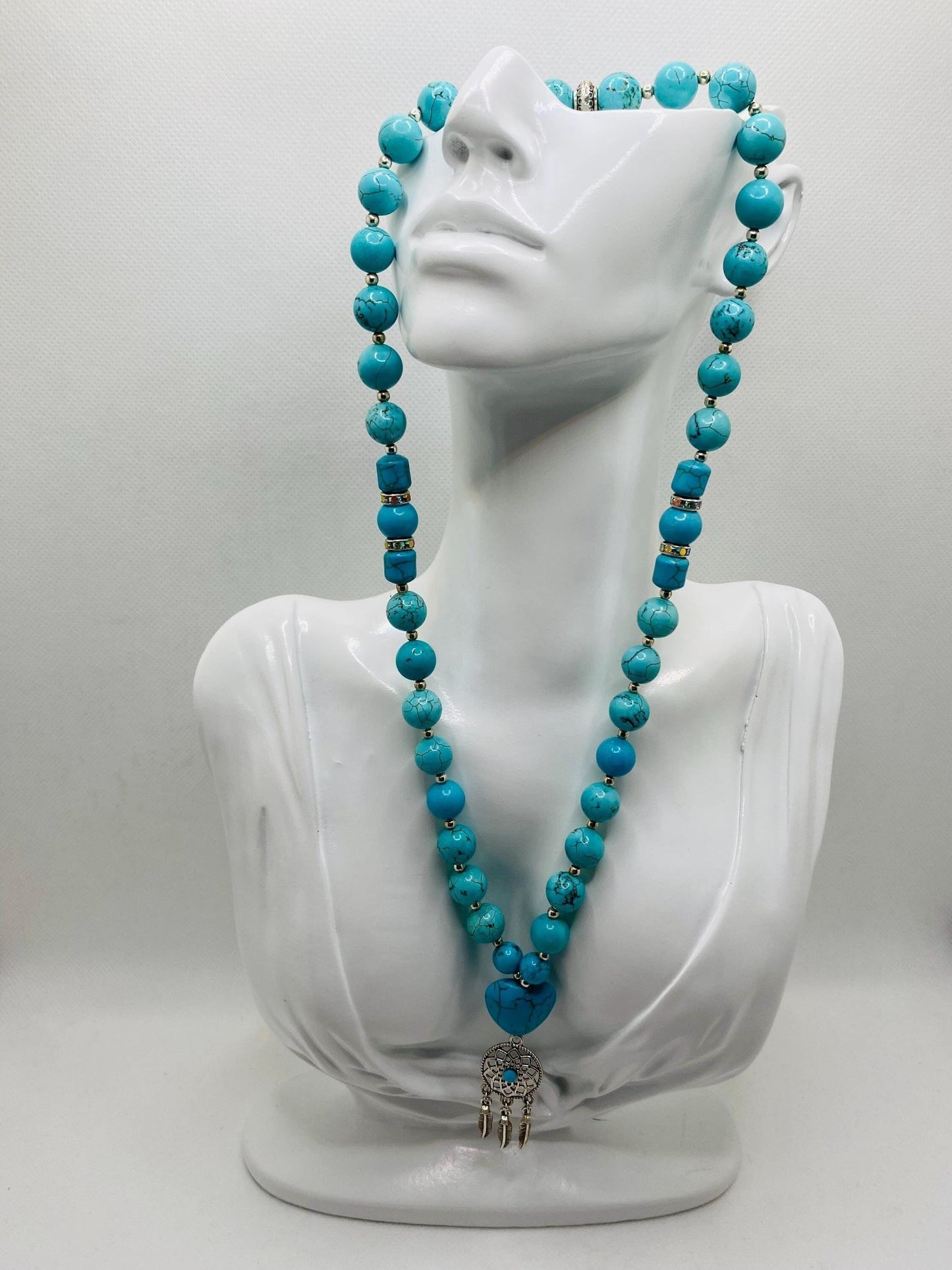 Handmade Turquoise Heart Necklace: Boho Dreamcatcher Pendant