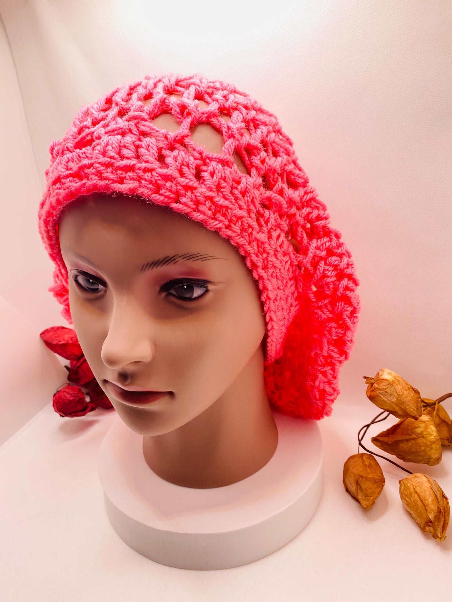 Pink Crochet Slouchy Beanie: Handmade Acrylic Dreadlock Hat