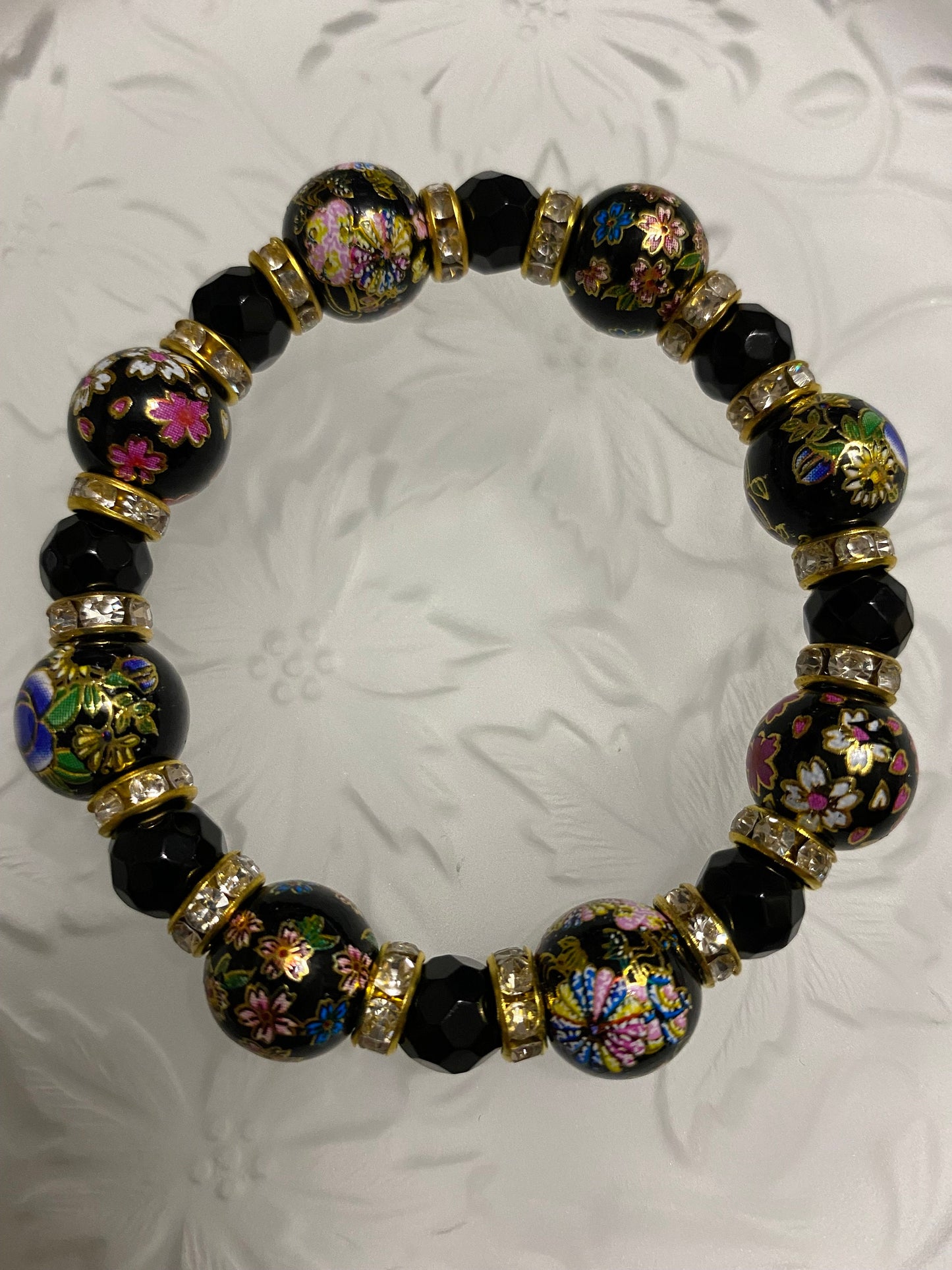 Black Onyx Bracelet: Hand-Painted Floral Glass Beads, 18k Gold Rhinestone