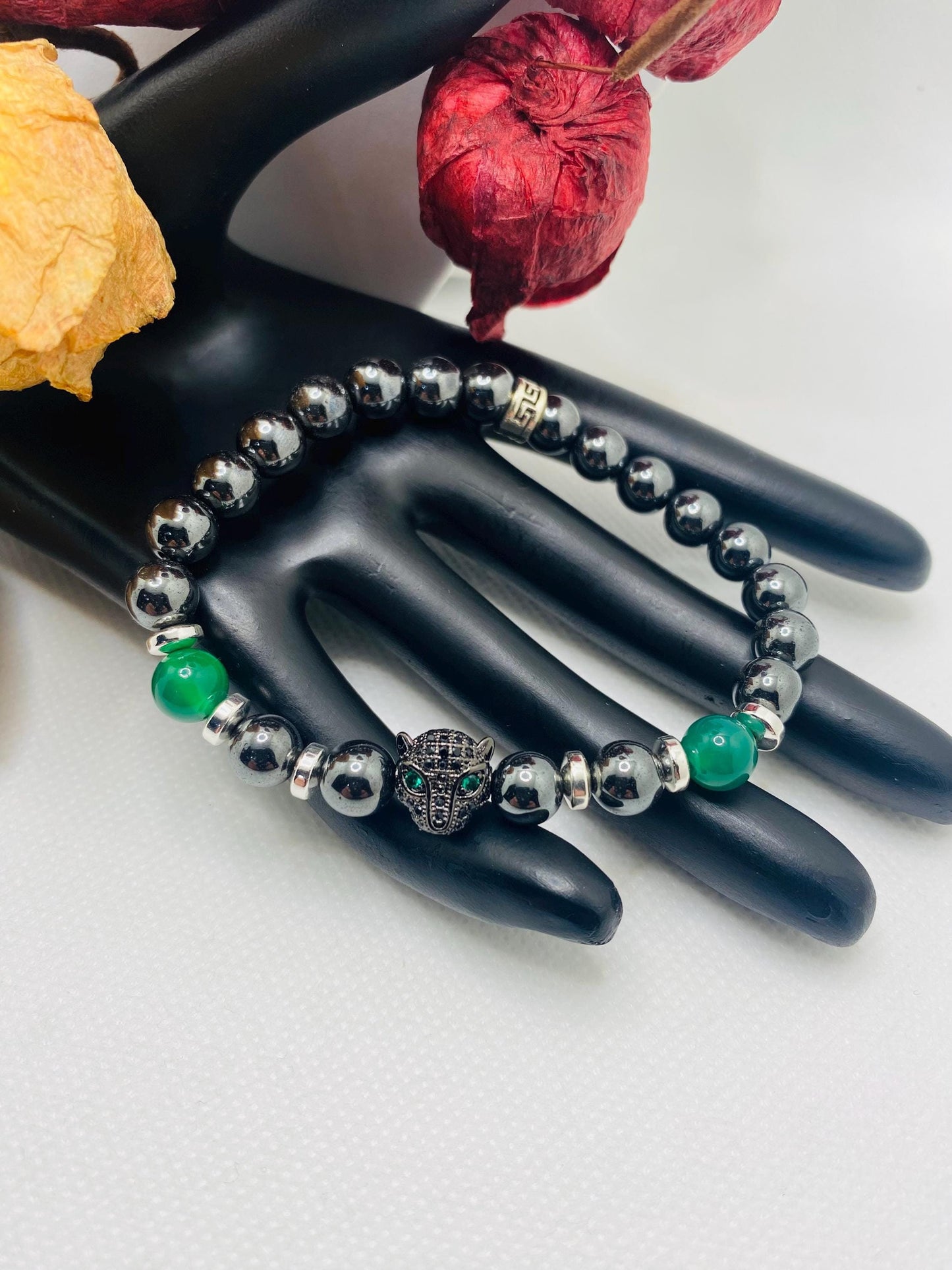Black Panther Hematite Bracelet: Green Jade Gemstone Beads, Handmade