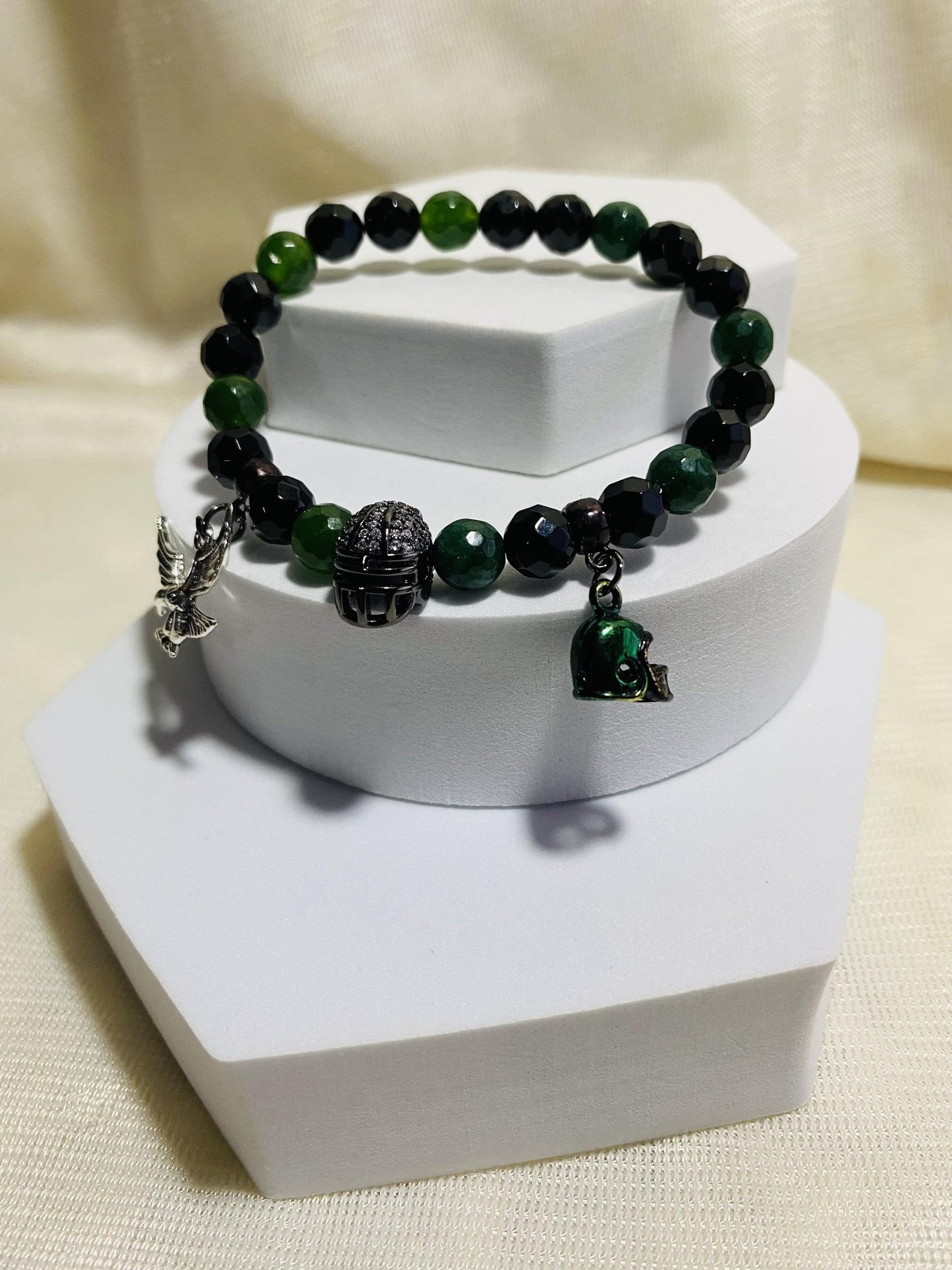 Mens Bracelet Philadelphia Eagles Custom Jewelry with Football Helmet & Natural Gemstone Beads