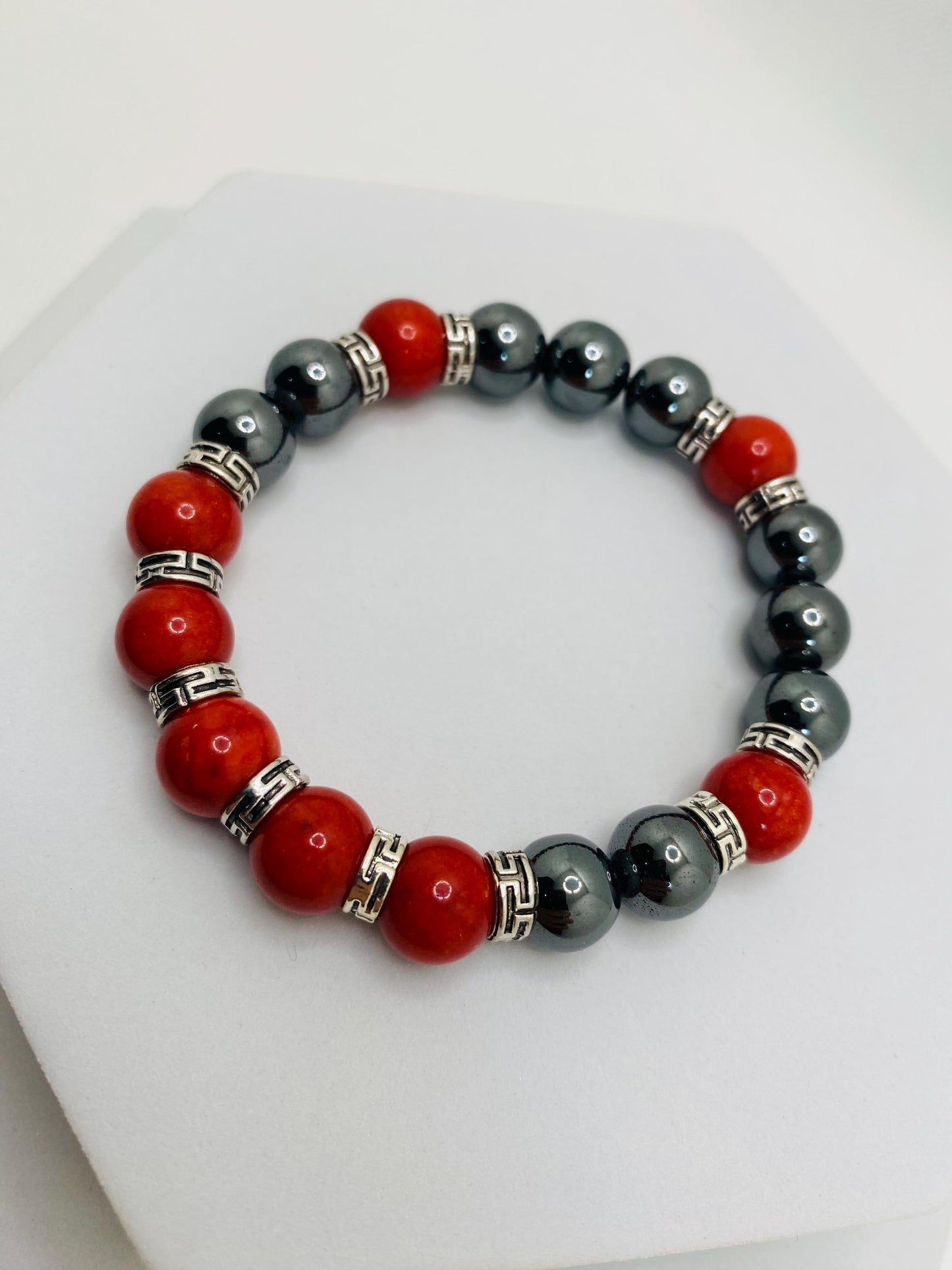 Men's Hematite Bracelet: Red Coral Beads, Tibetan Jewelry