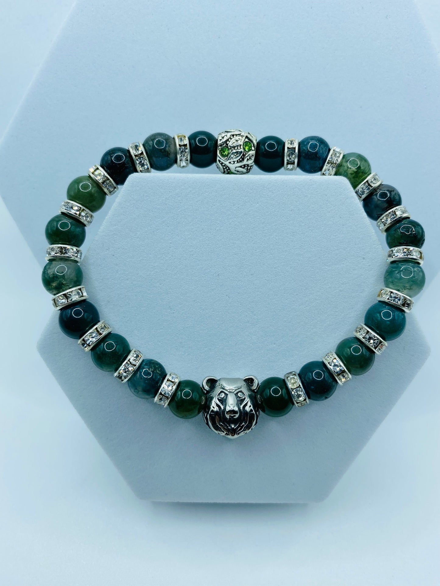 Mens Moss Agate Beaded Bracelet: Bear Charm, Rhinestone Spacers
