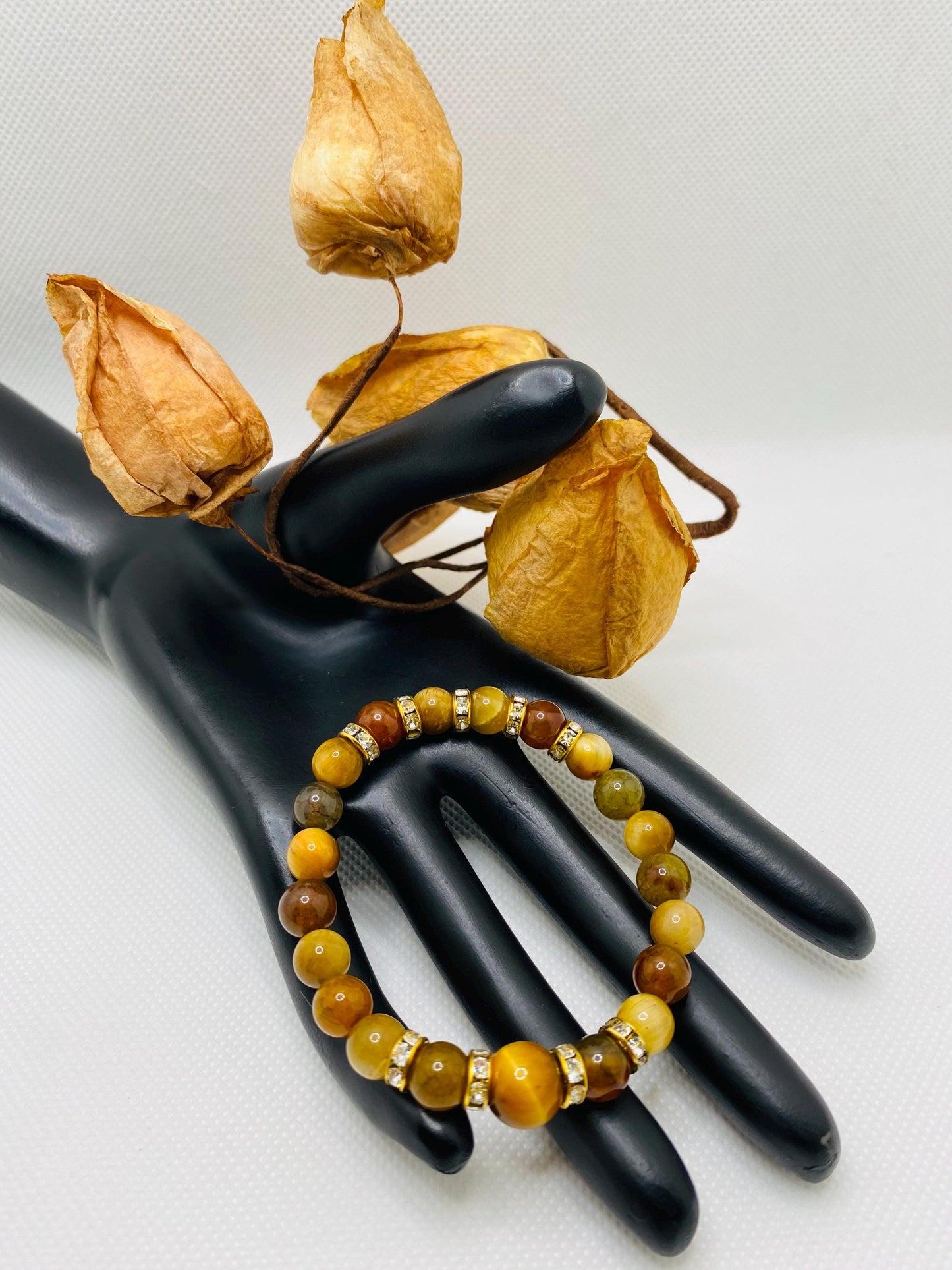 Tigers Eye & Agate Beaded Bracelet: Gold Rhinestone Spacers