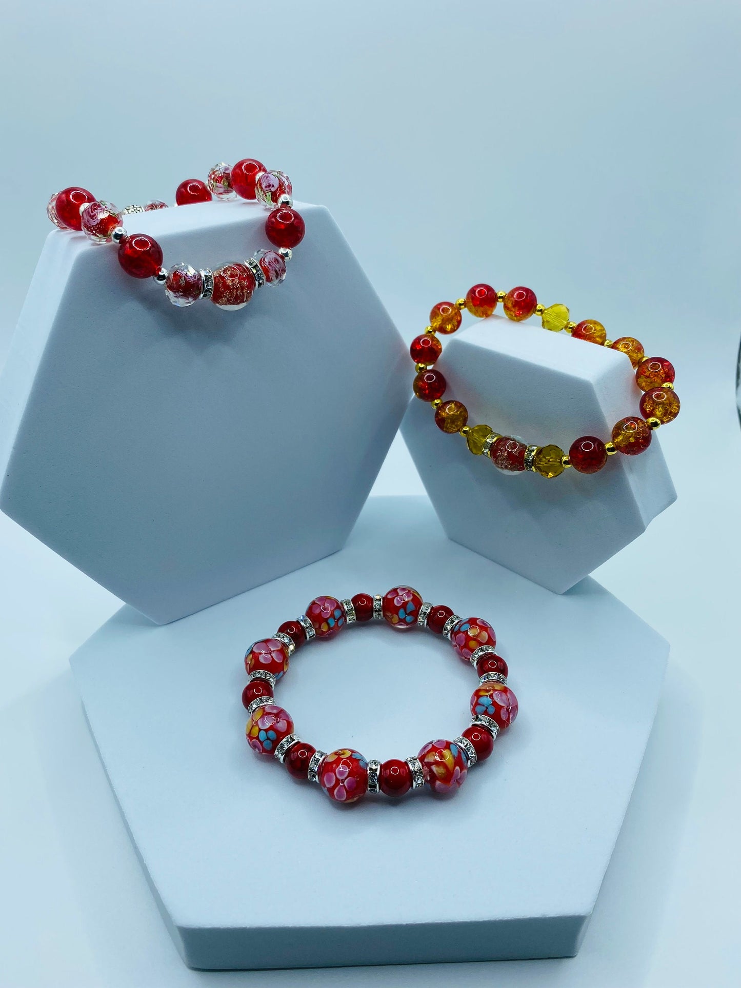 Red Lampwork Flower Bracelet: Turquoise & Rhinestone Beaded Jewelry