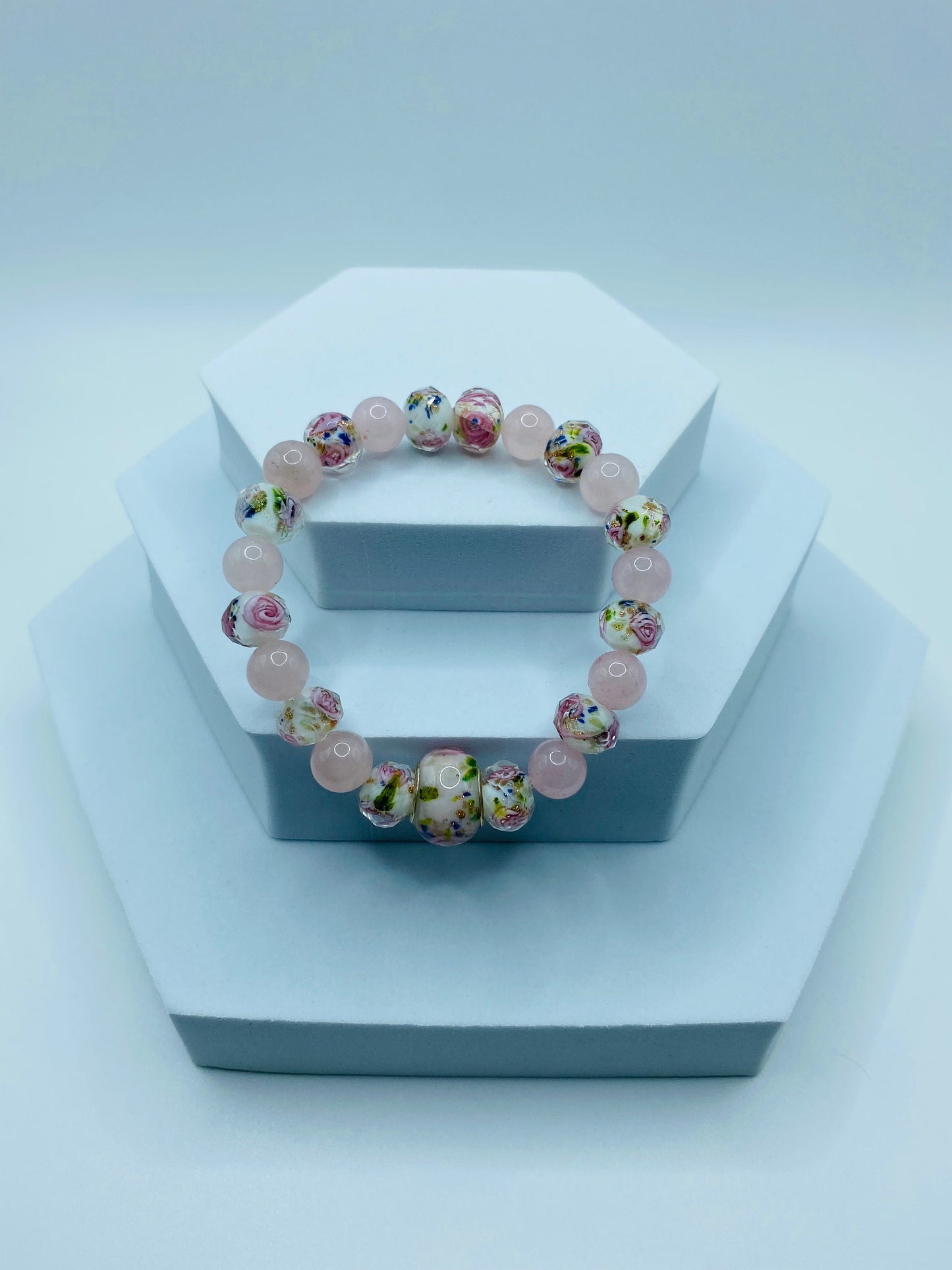 Rose Quartz Bracelet with Lampwork Floral Glass Beads