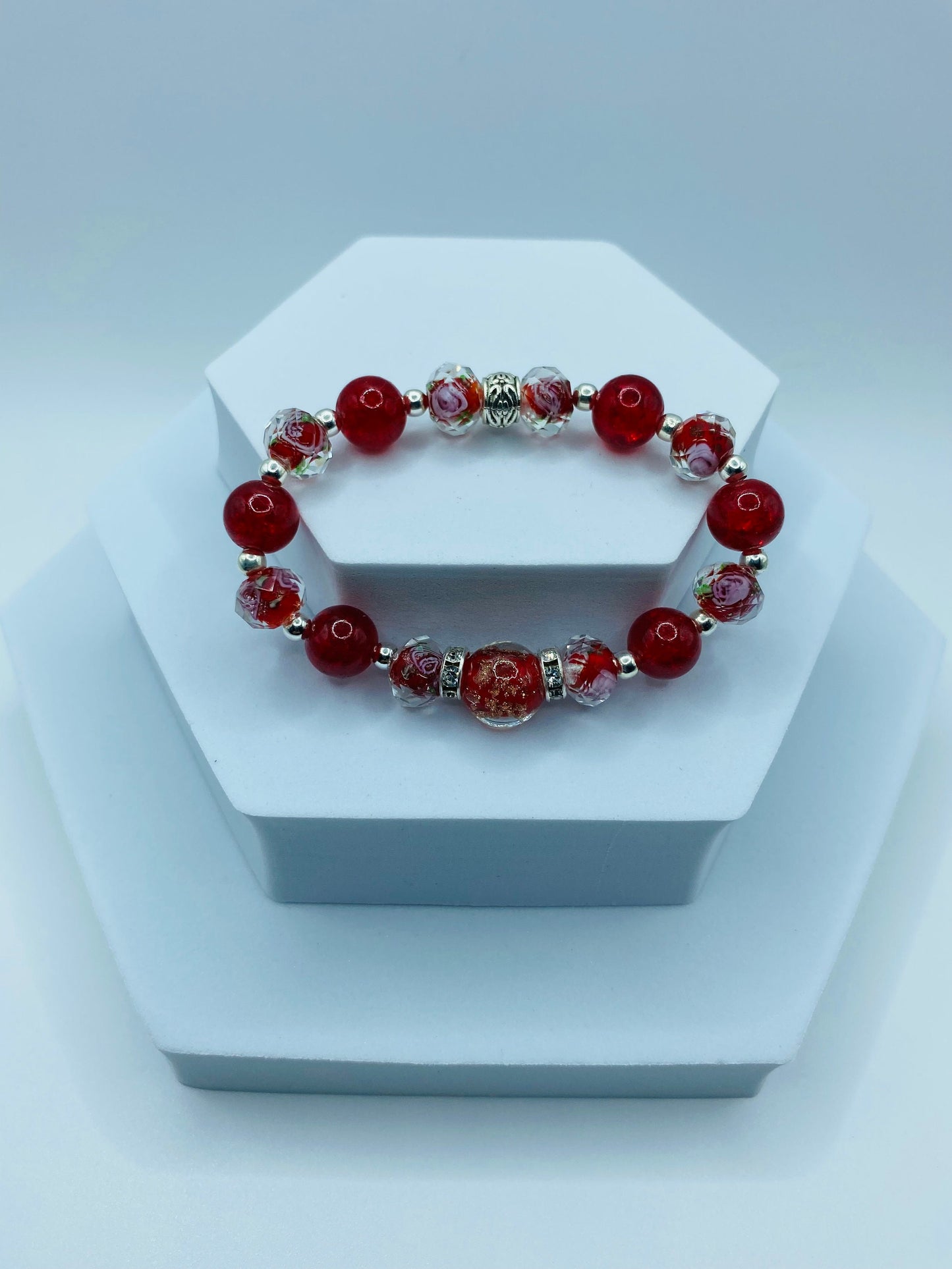 Red Lampwork Glass Bead Bracelet: Hematite & Crystal Rondelles