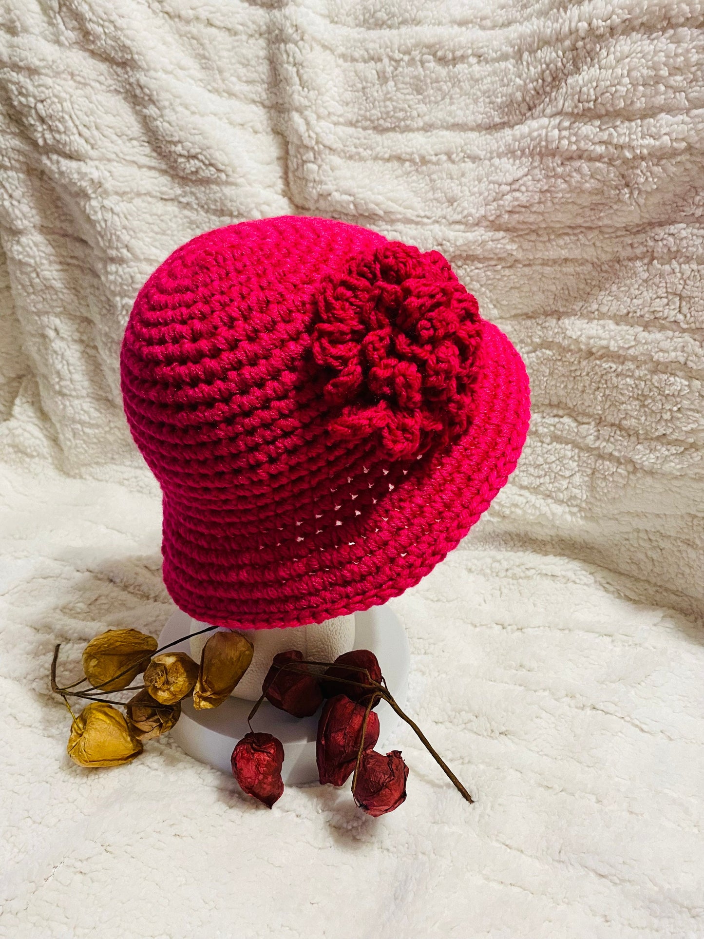 Hot Pink Crochet Bucket Hat with Flower: Handmade Acrylic Sun Hat