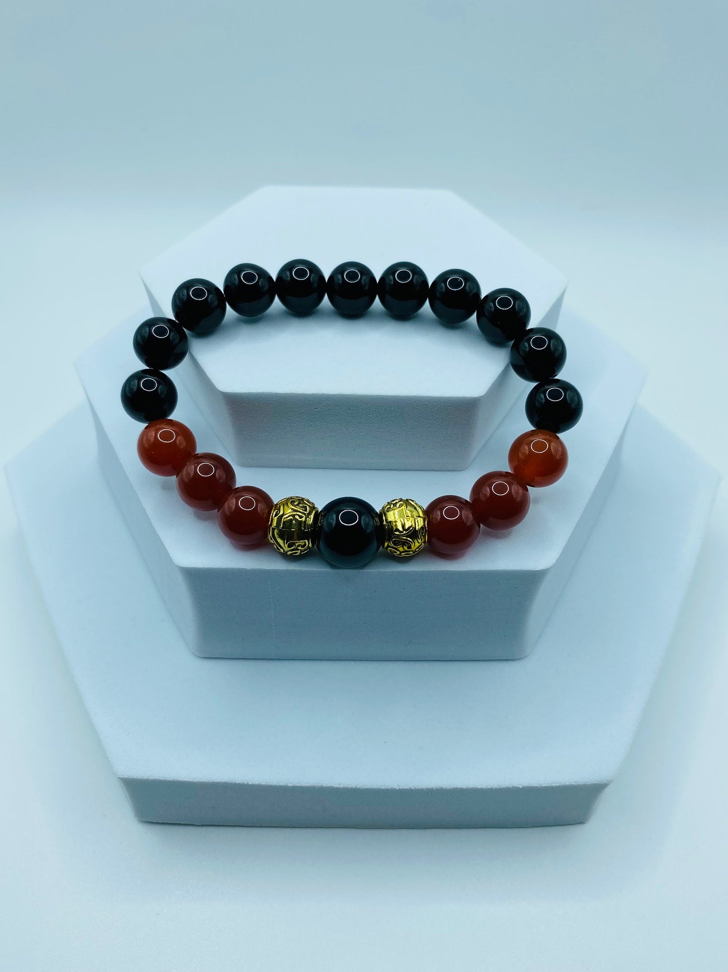 Black Onyx & Red Carnelian Beaded Bracelet - Tibetan Spacer Beads