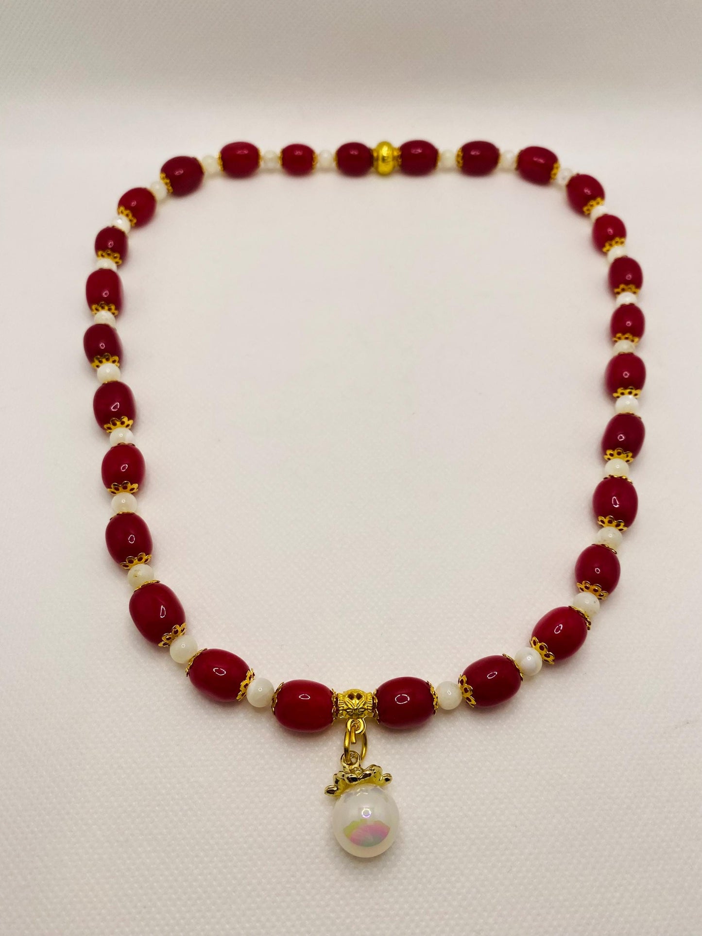 Handmade Red Jade Necklace: Mother of Pearl, Faux Pearl Pendant