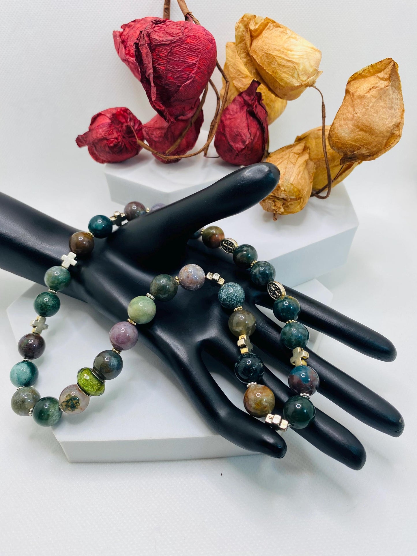 Moss Agate Necklace: Religious Cross Medallion, Antique Silver