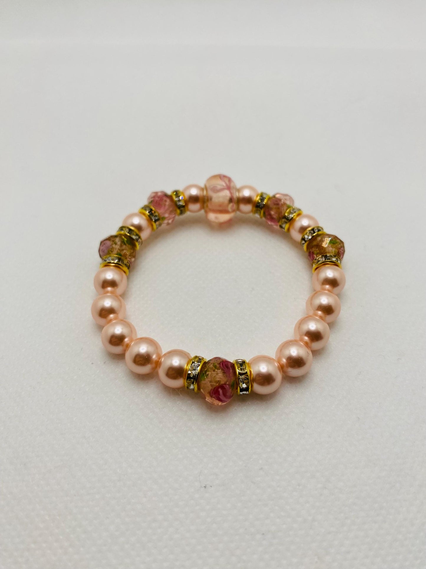 Pink Lampwork Glass & Mother of Pearl Bracelet: Rhinestone Rondelles