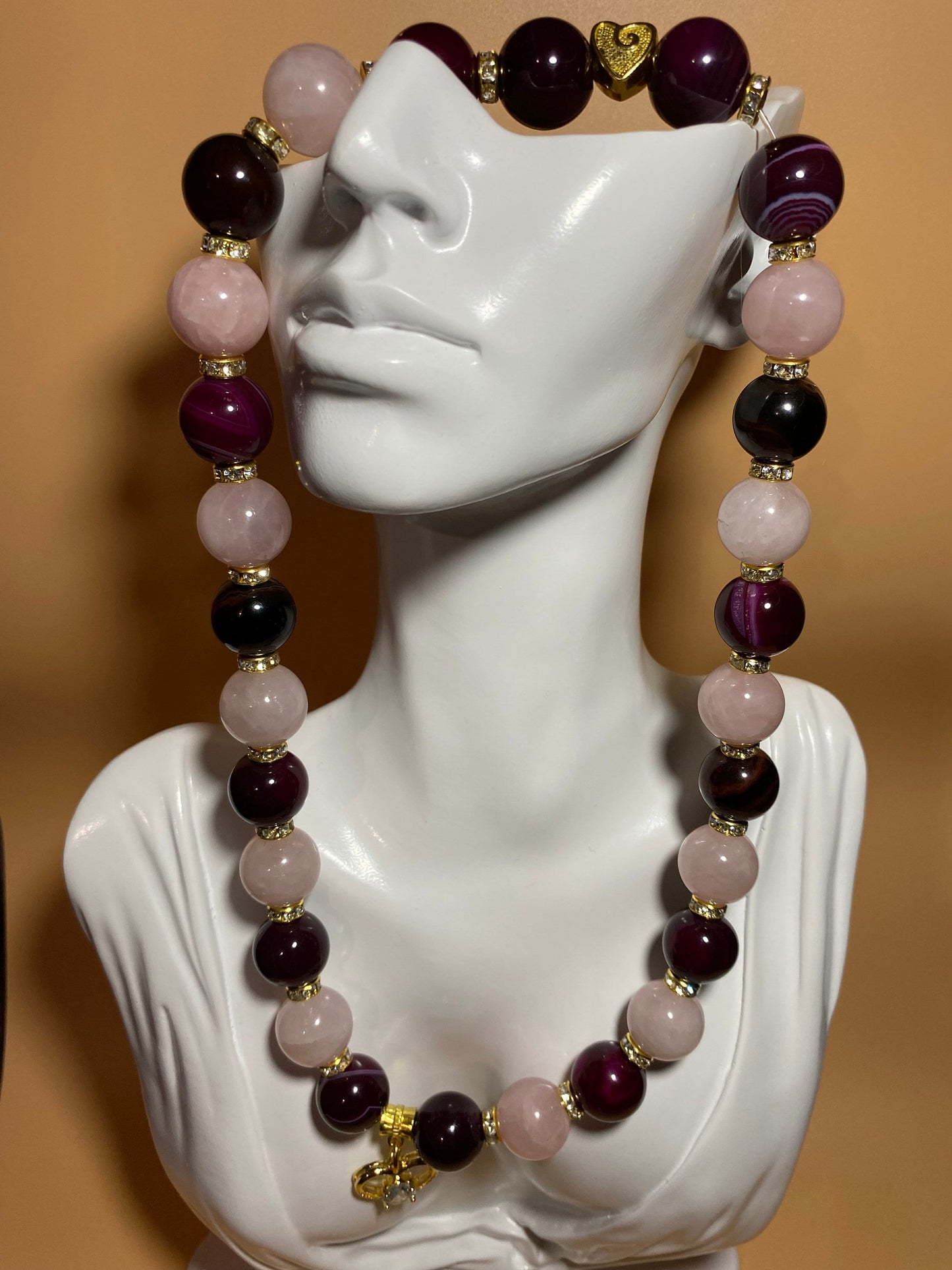 Handmade Rose Quartz Agate Beaded Necklace with Gold Heart Charm