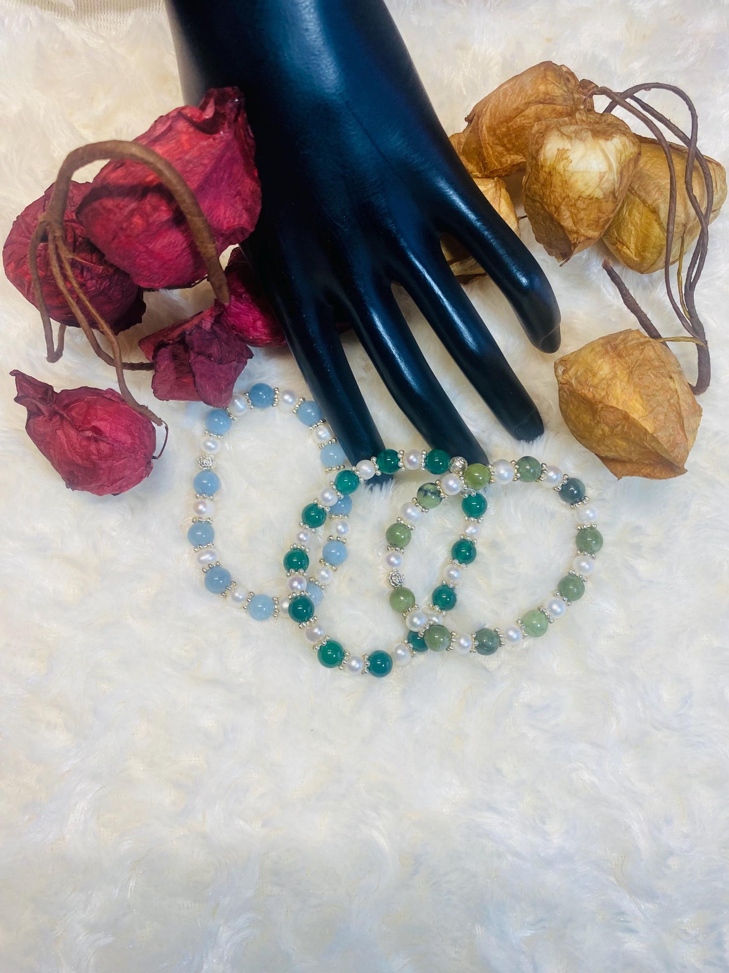 Handmade Baroque Pearl Bracelet Set: Jade & Agate Gemstone Beads