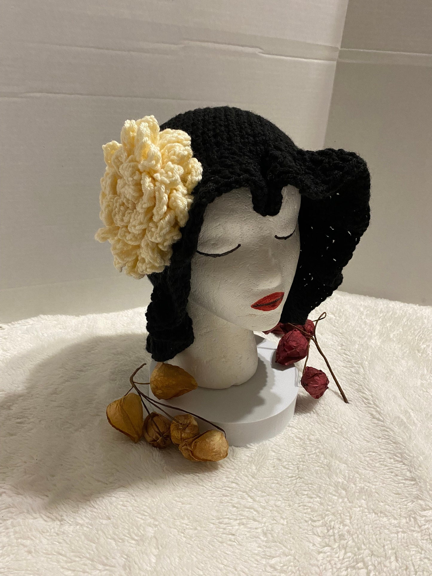 Black Crochet Bucket Hat with White Flower: Handmade Acrylic Hat