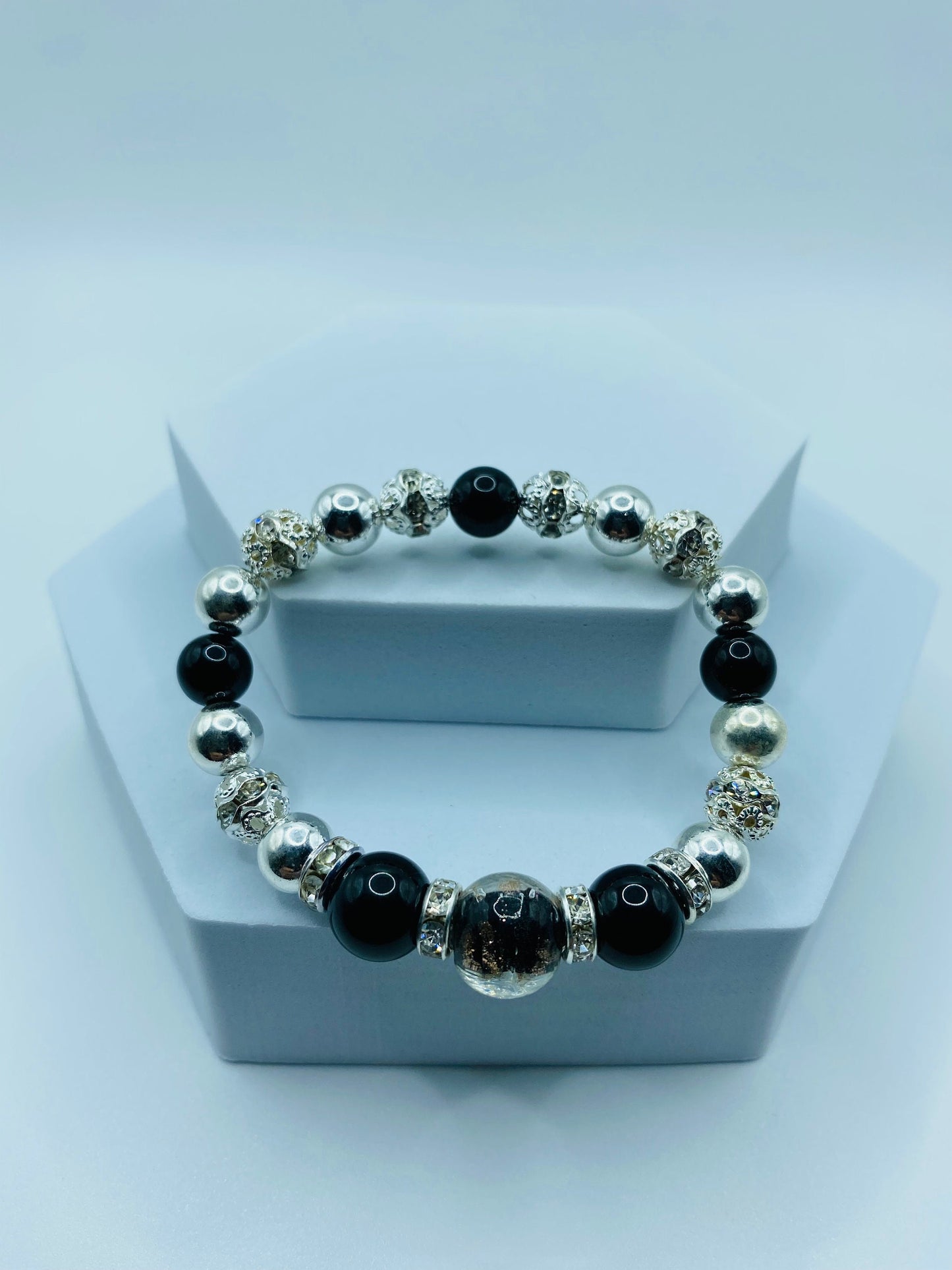 Men's Silver Hematite & Onyx Bracelet with Lampwork Glass Beads