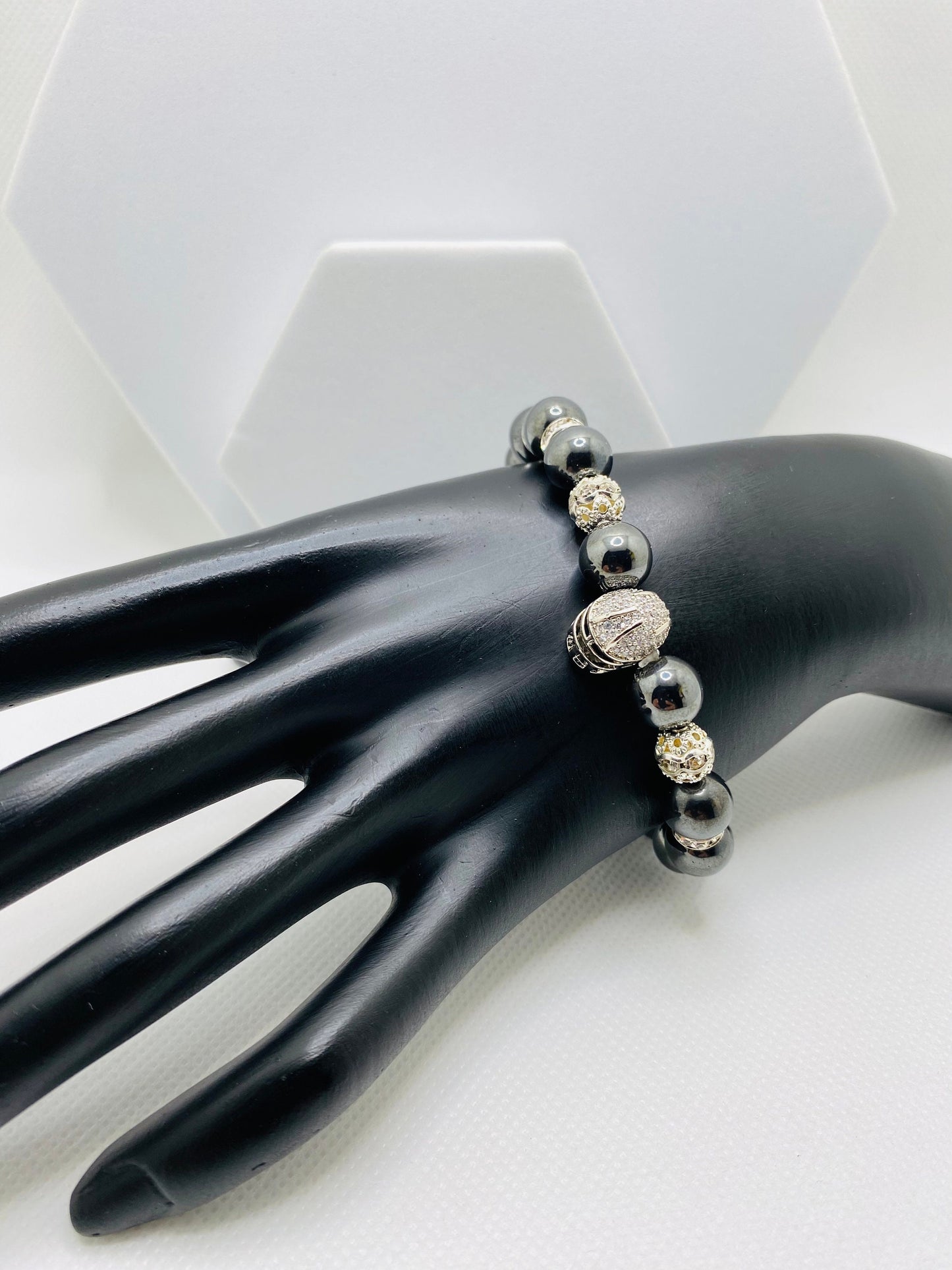 Las Vegas Raiders Hematite Bracelet: Silver Football Helmet, CZ Accents