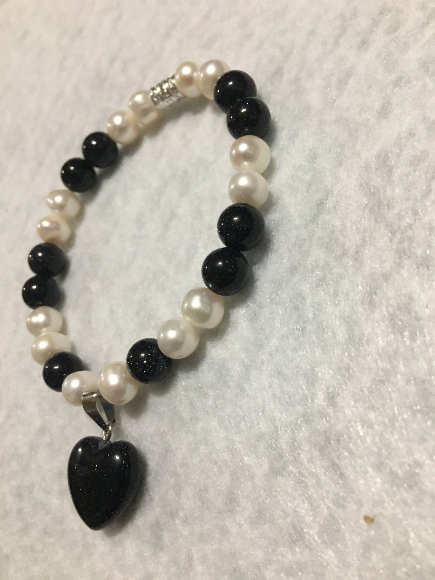 Pearl Bracelet: Blue Sandstone Heart Pendant, Handmade Jewelry