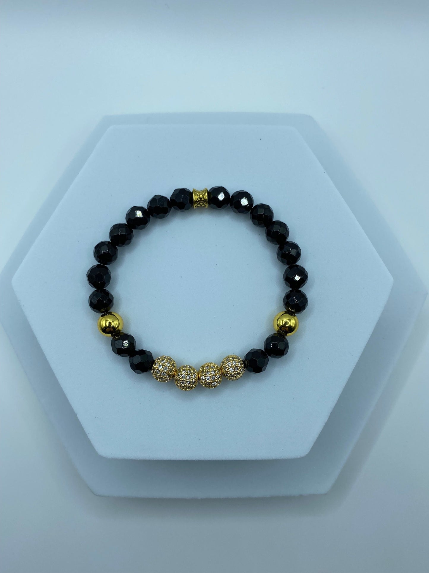 Black Onyx Bracelet for Men: Gold CZ Inlaid Beads, Hematite Gemstone