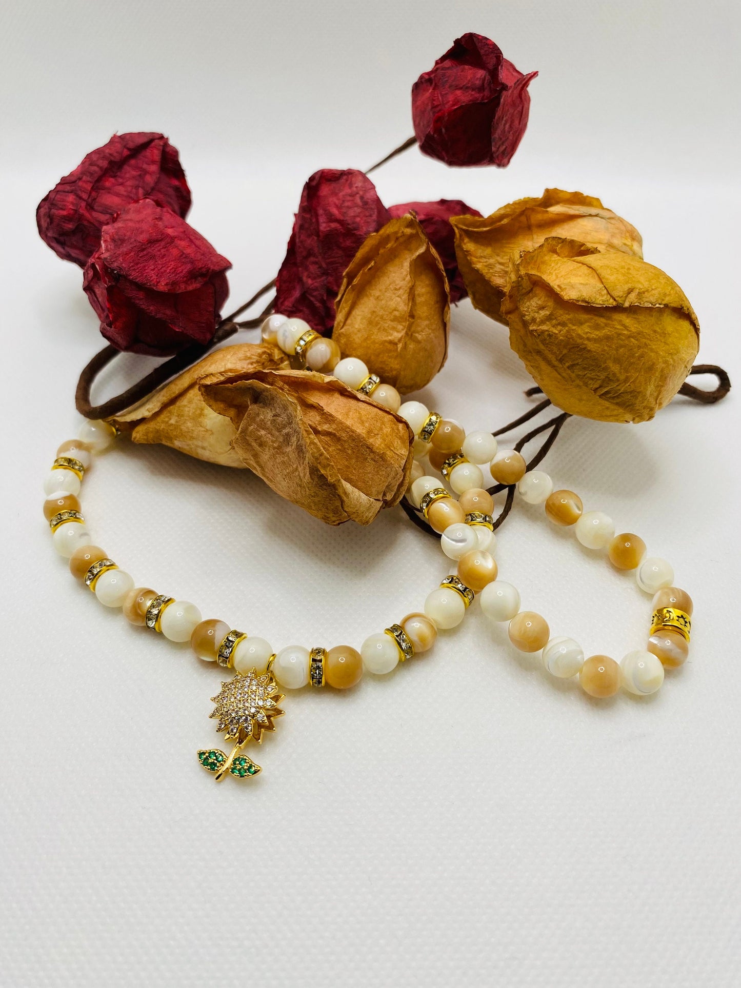 Handmade Mother of Pearl Necklace: CZ Sunflower Pendant