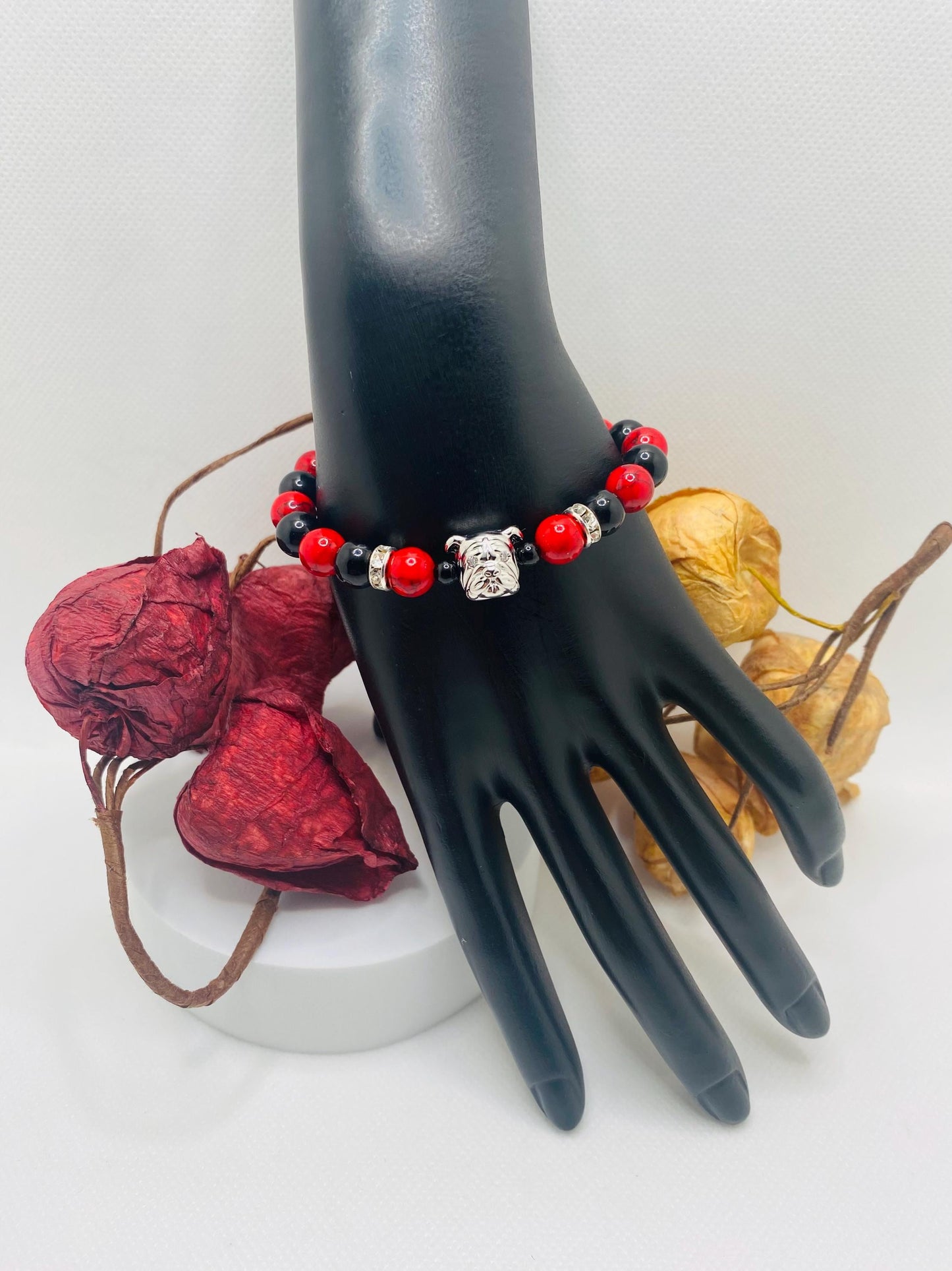 Georgia Bulldogs Gemstone Bracelet: Red Turquoise & Black Onyx, Dog Lover Gift