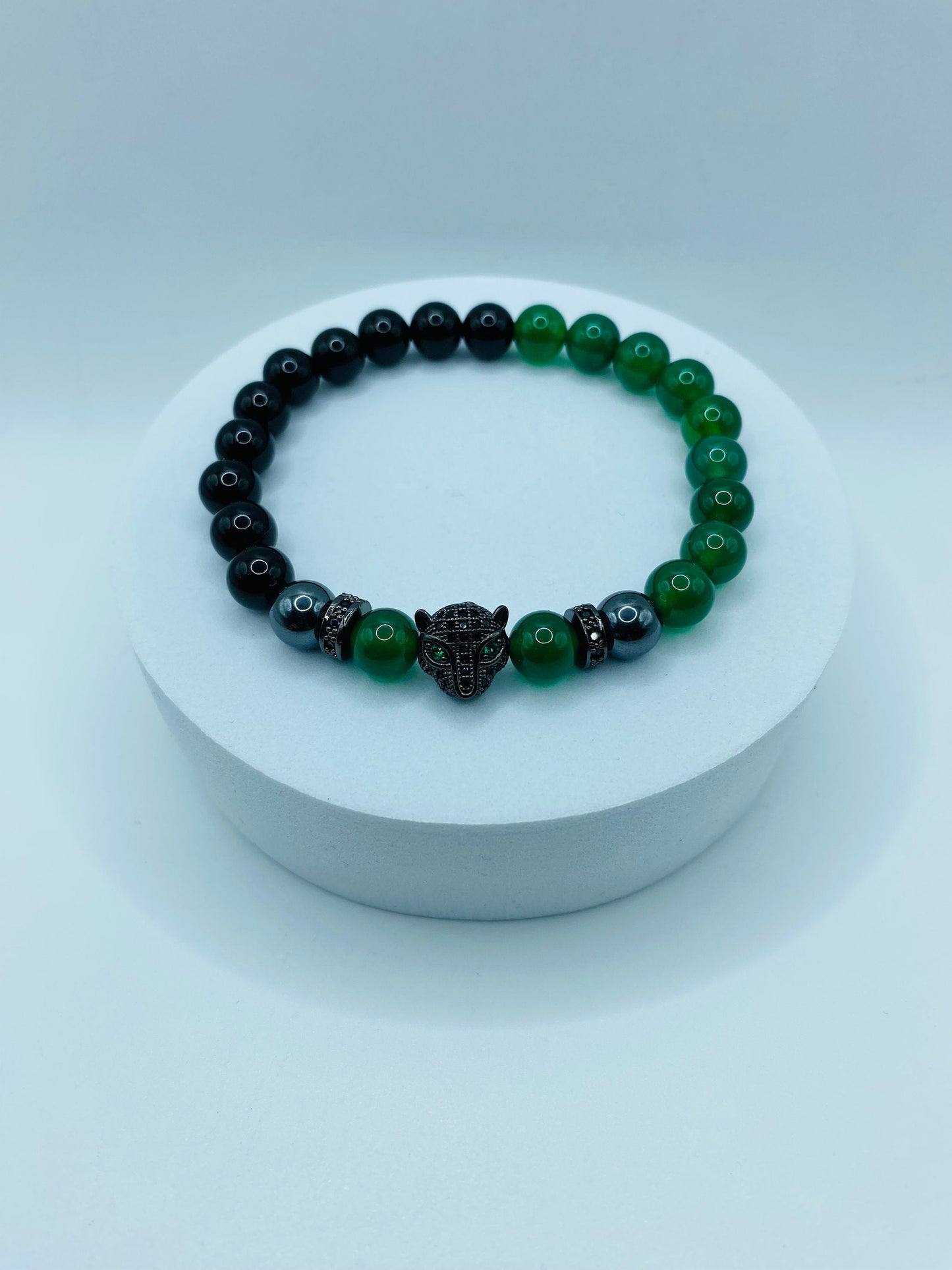 Handmade Black Panther Charm Bracelet: Onyx, Jade & Hematite Gemstone Beads