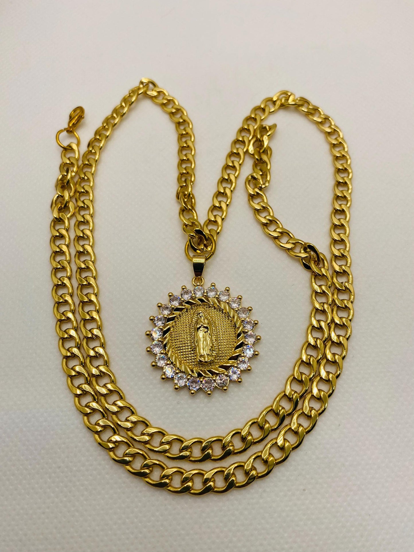 Virgin Mary Necklace: Gold Cuban Link Chain, Religious Jewelry