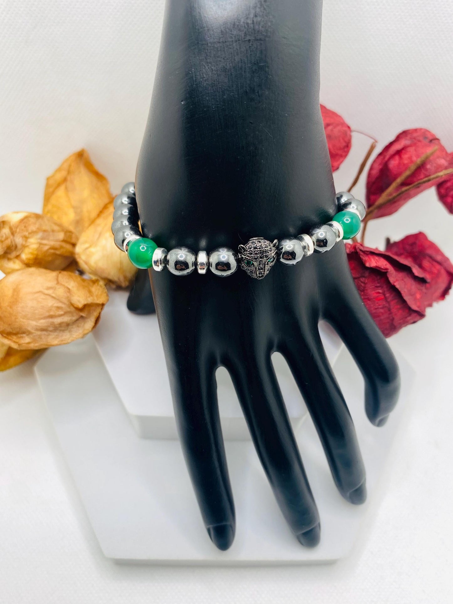 Black Panther Hematite Bracelet: Green Jade Gemstone Beads, Handmade