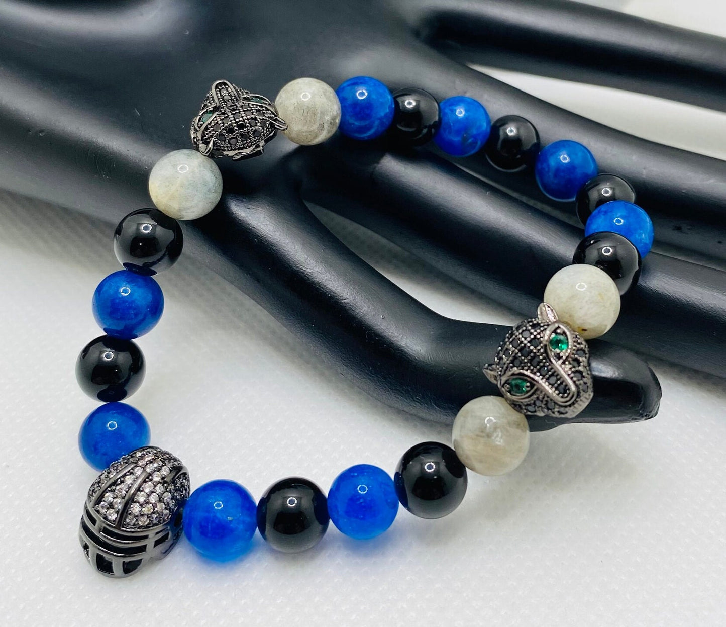 Carolina Panthers Bracelet: Onyx, Kyanite & Labradorite Gemstone Beads