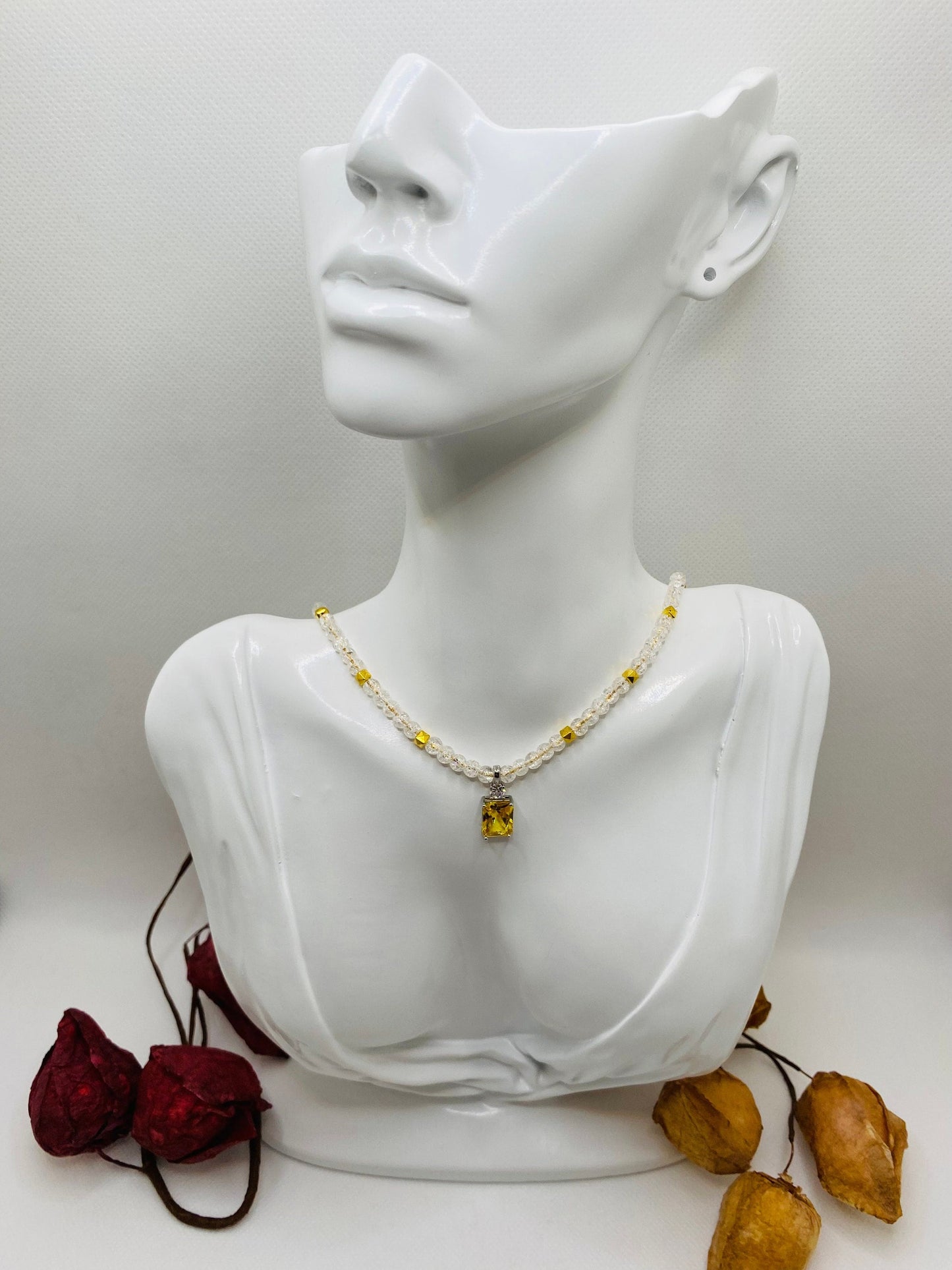 Citrine Pendant Necklace: 14k Gold Chain, Quartz Crystal Beads