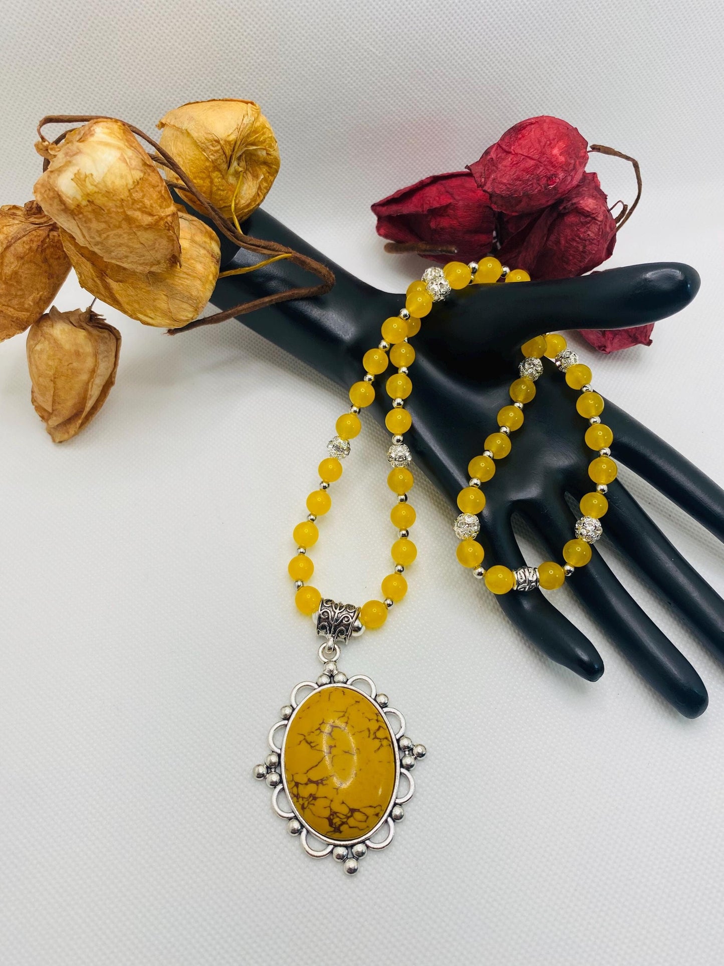 Jade Necklace for Women with Silver Hematite Gemstone Beads & Turquoise Pendant, Gifts for Her