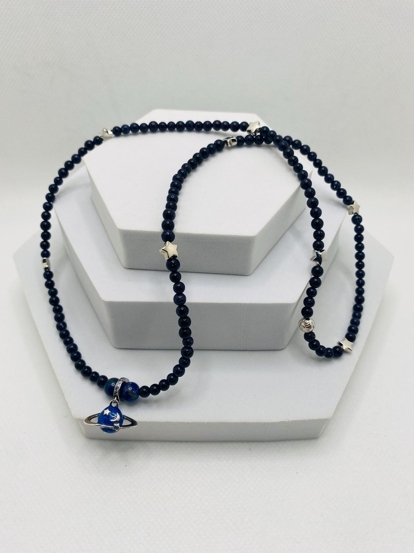 Saturn Necklace: Blue Goldstone Celestial Jewelry