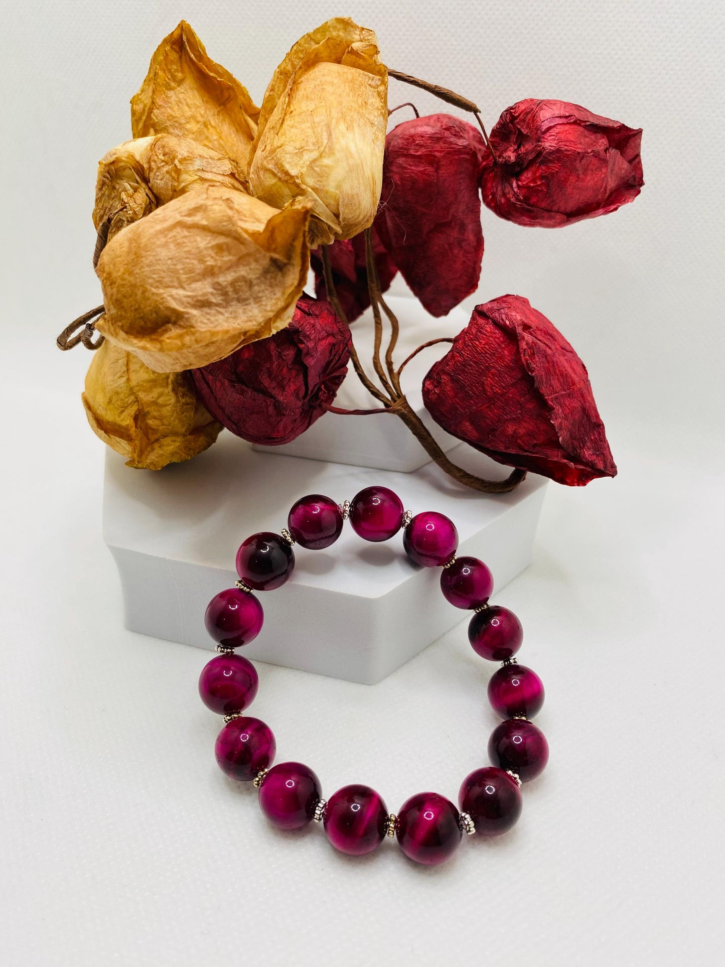 Chunky Rose Red Tigers Eye Bracelet: Handmade Gemstone Jewelry