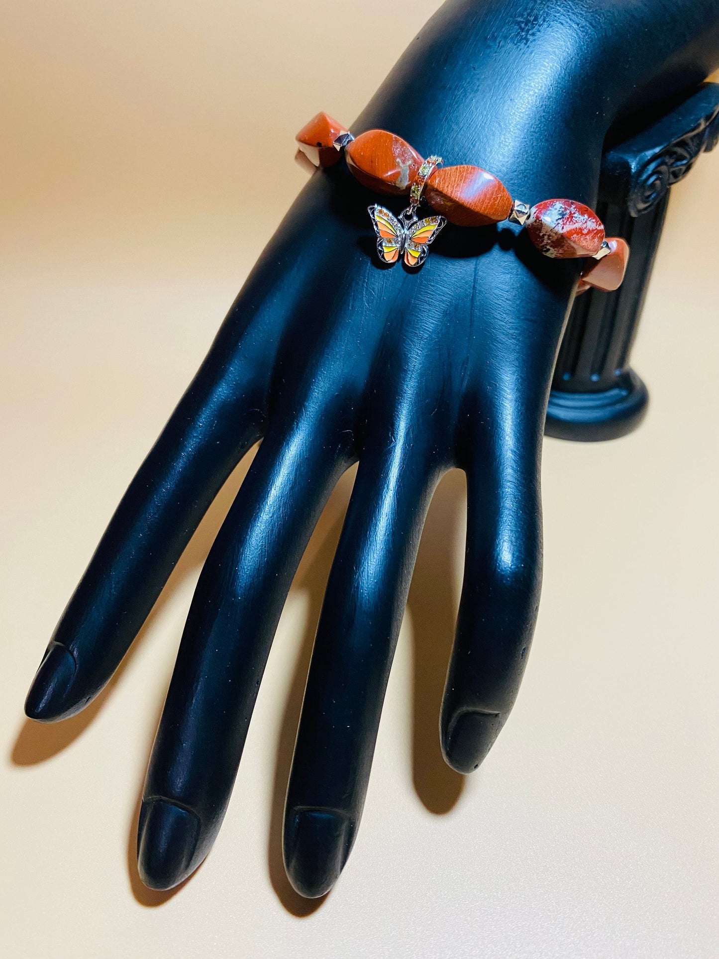 Handmade Red Jasper Bracelet: Butterfly Charm, Gemstone Jewelry