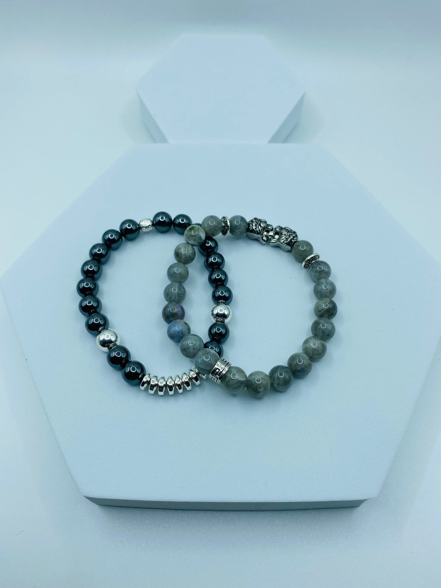 Mens Labradorite Beaded Bracelet: Stainless Steel Tiger Charm