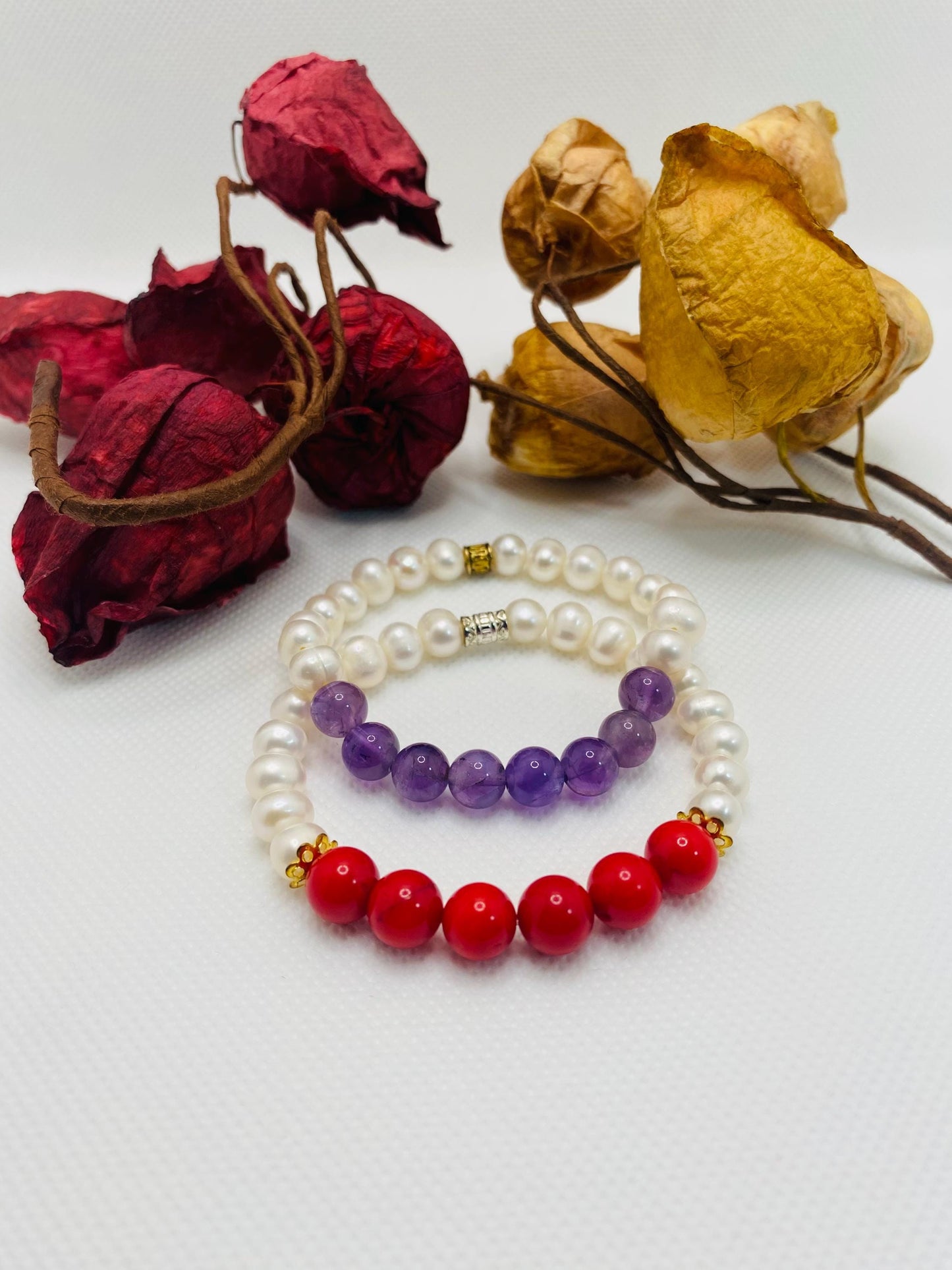 Amethyst, Coral & Pearl Bracelet Set: Handmade Gemstone Jewelry